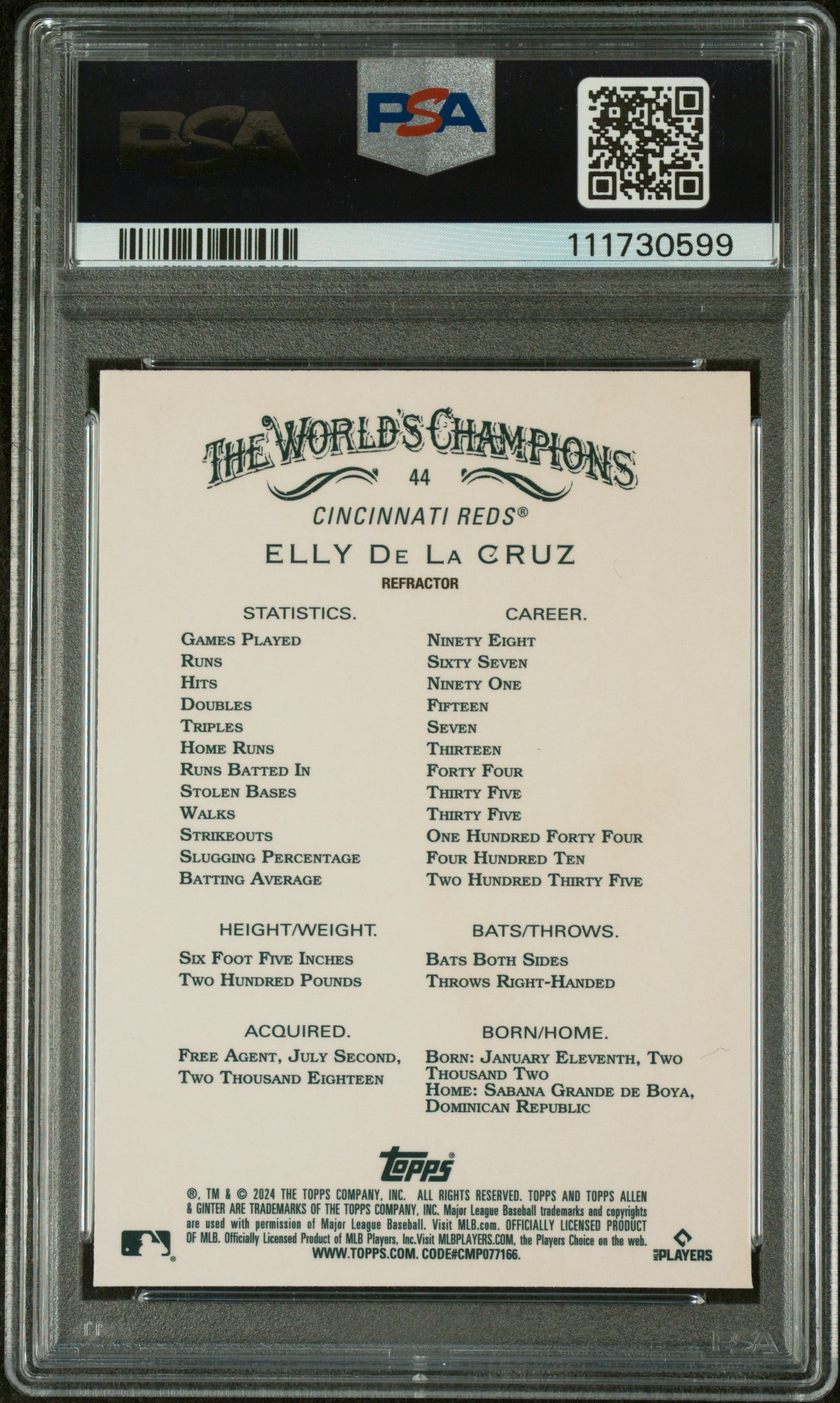 2024 Allen & Gunter #44 Elly De La Cruz Chrome Refractor PSA 10