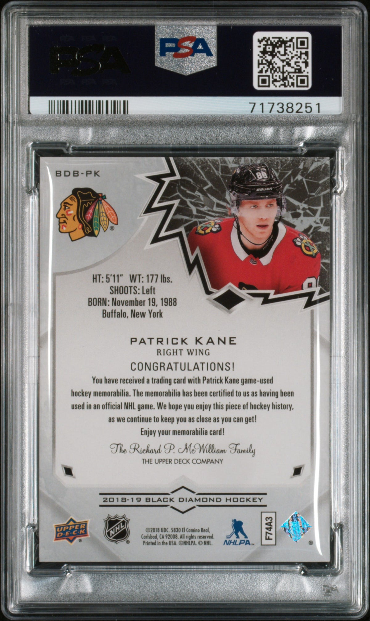 2018 U.D. Black Diamond #BDBPK Patrick Kane Relic PSA 8