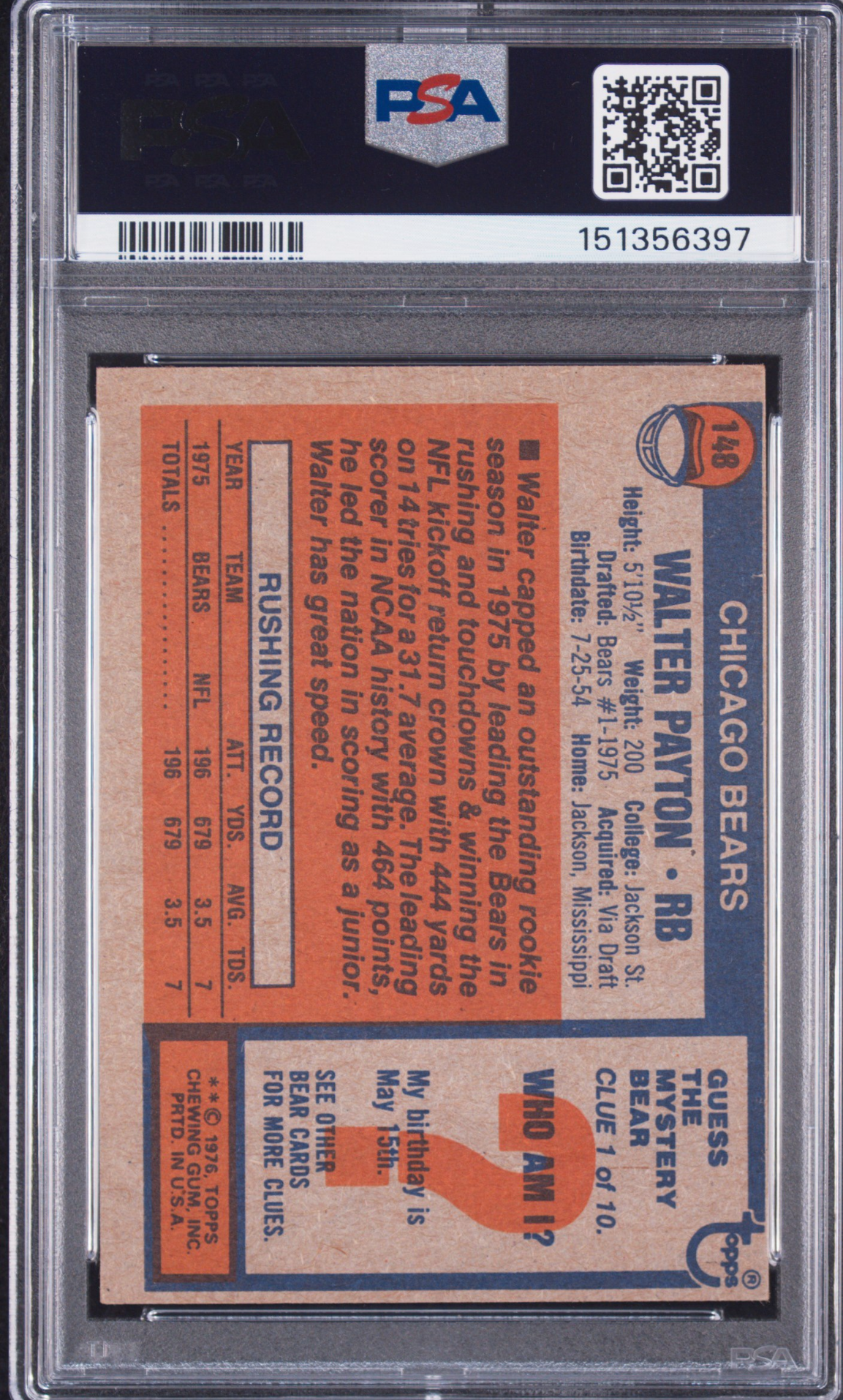 1976 Topps Walter Payton VG-EX PSA 4