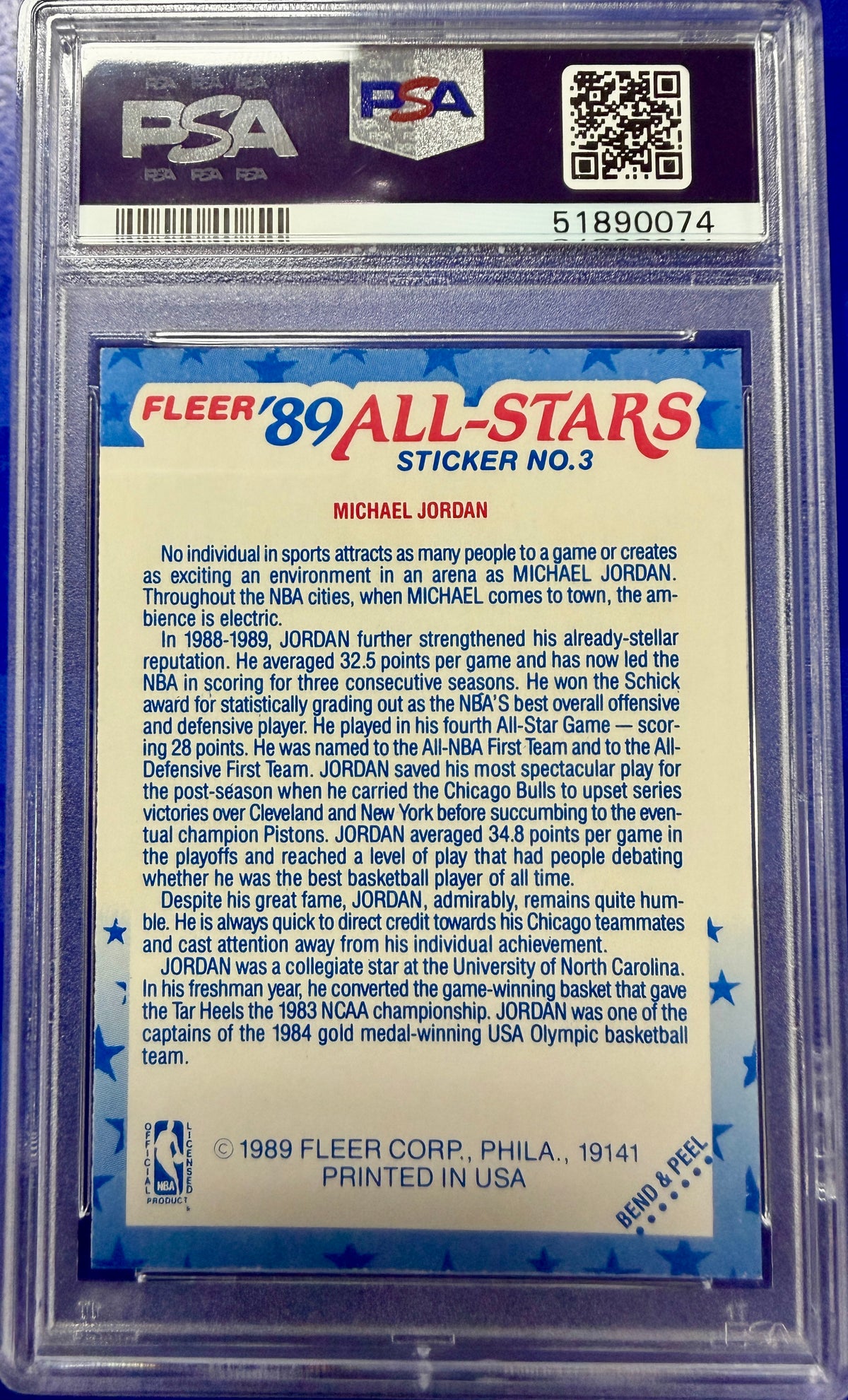 1989 Fleer Sticker #3 Michael Jordan PSA 7