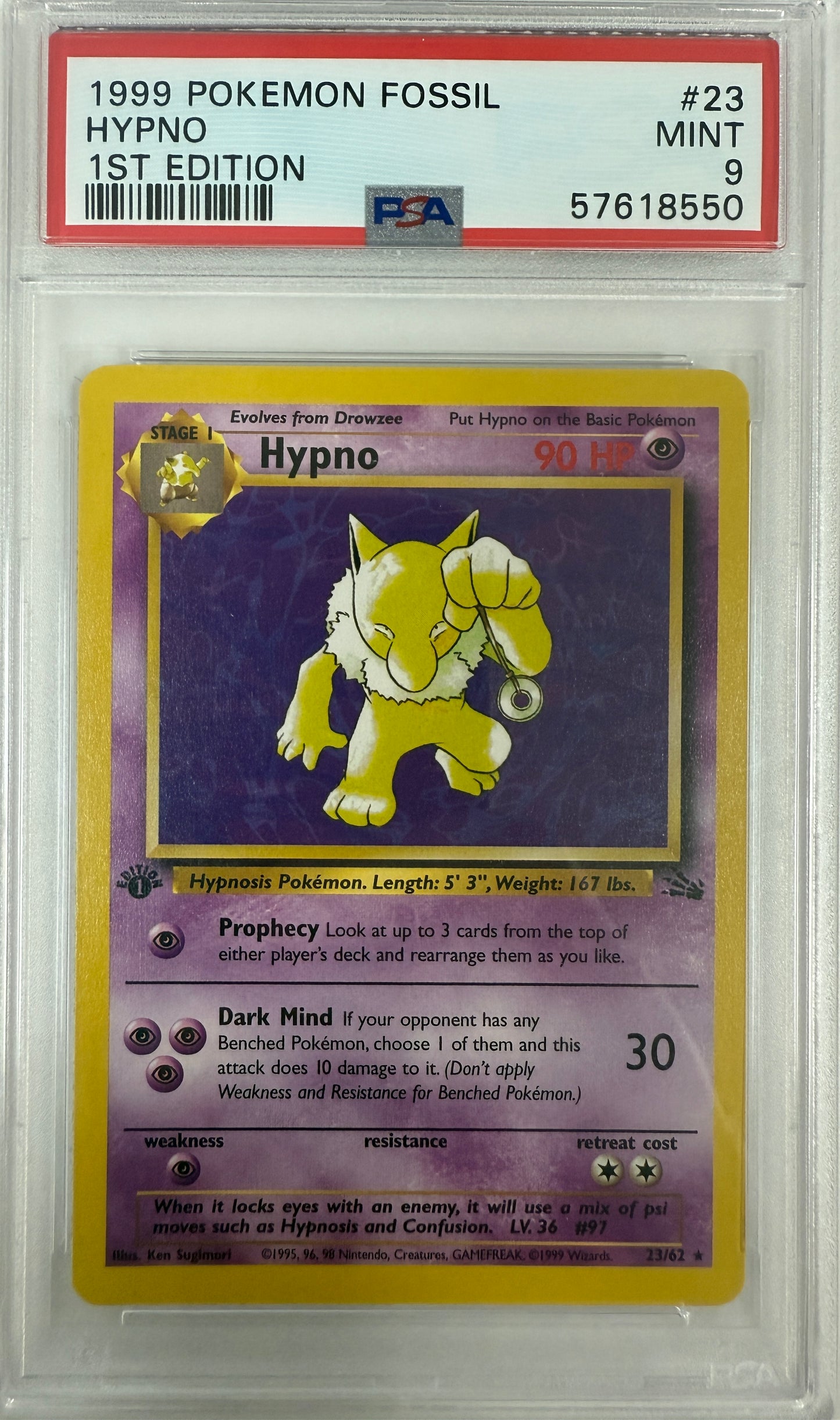 1999 Pokemon Fossil #23 Hypno 1st Edition PSA 9