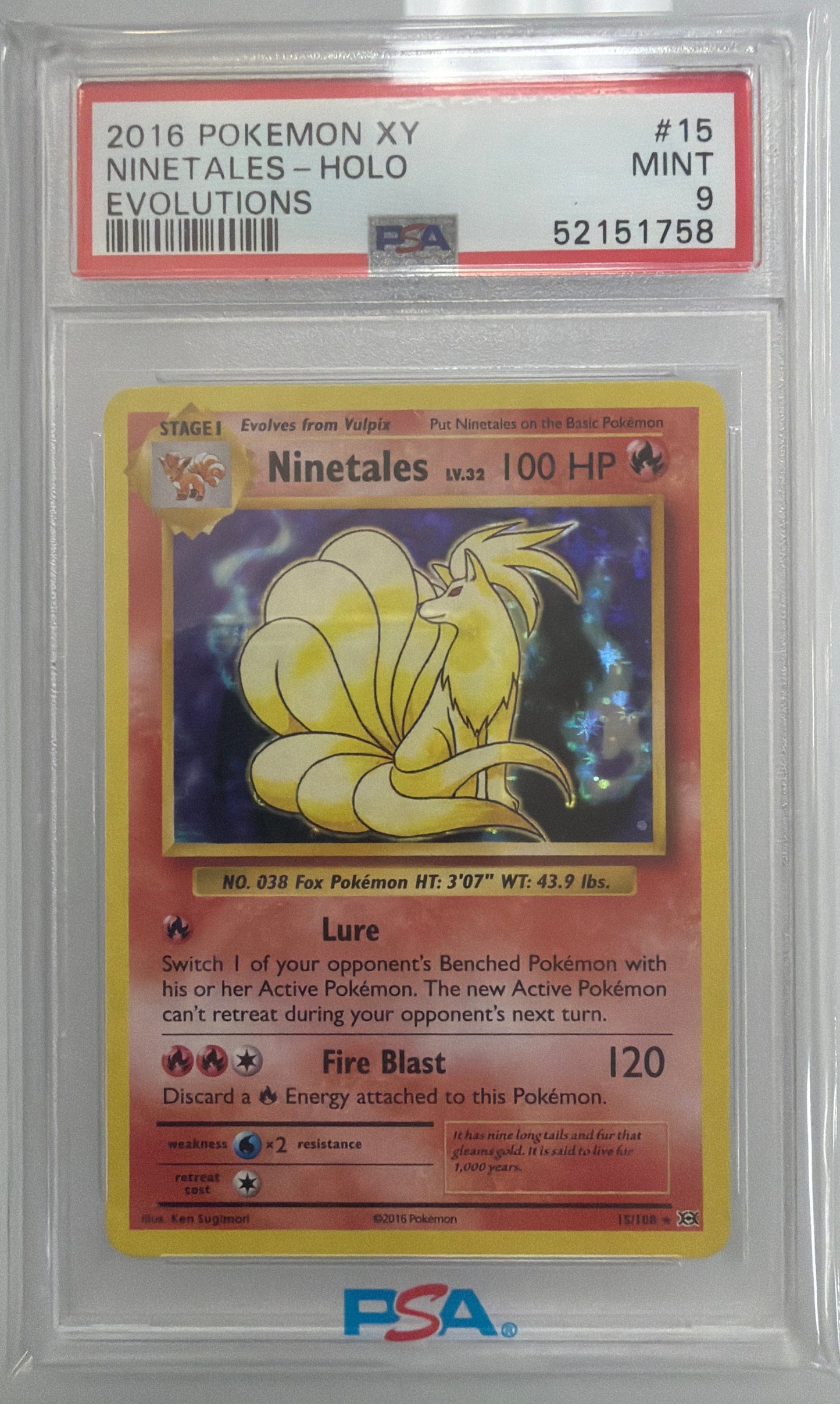 2016 Pokemon XY #15 Ninetales Holo Evolutions PSA 9