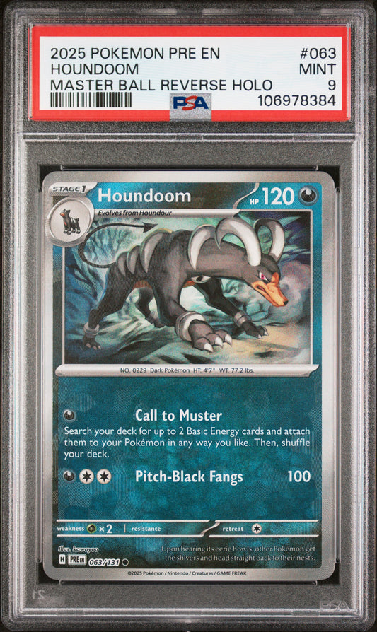 2025 Pokemon Pre En #063 Houndoom Master Ball Reverse Holo PSA 9