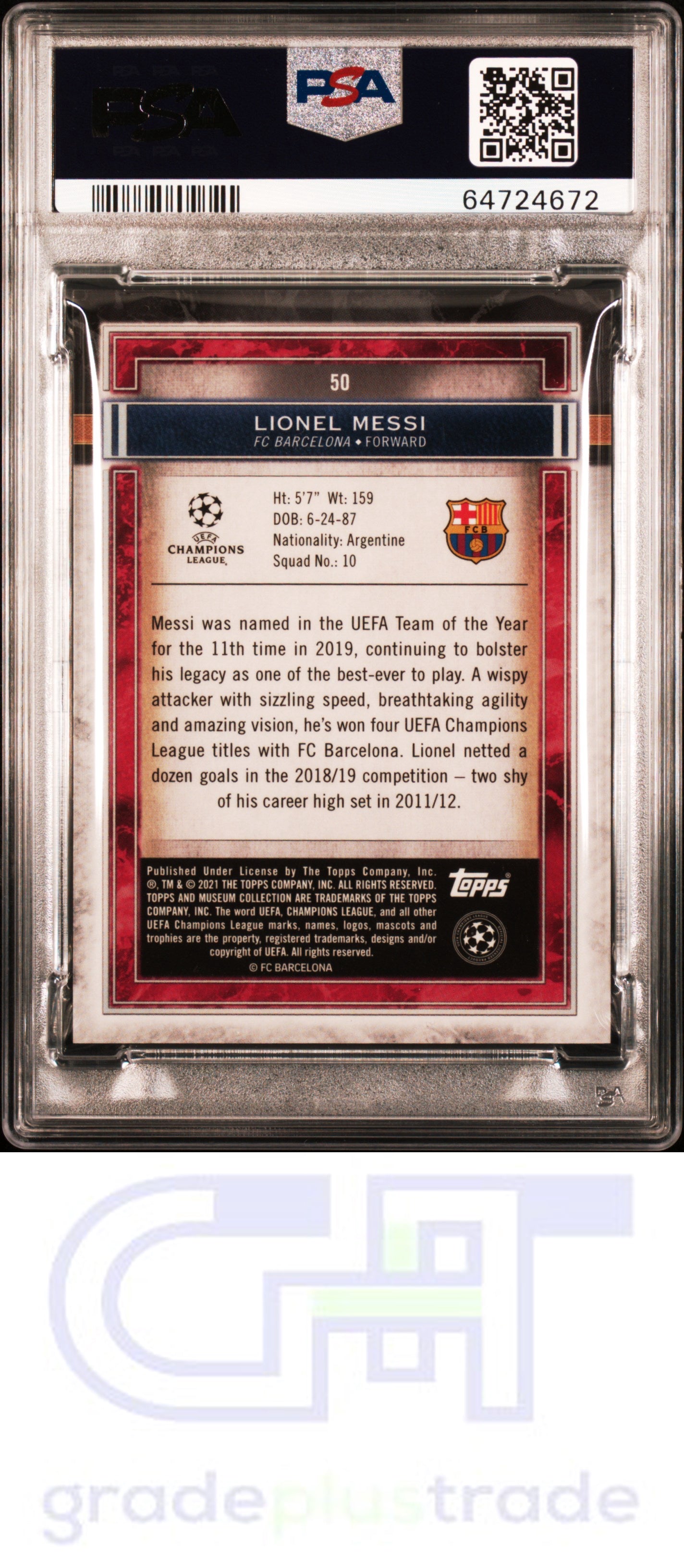 2020 Topps Museum Collection Uefa Champions League #50 Lionel Messi Gold PSA 9