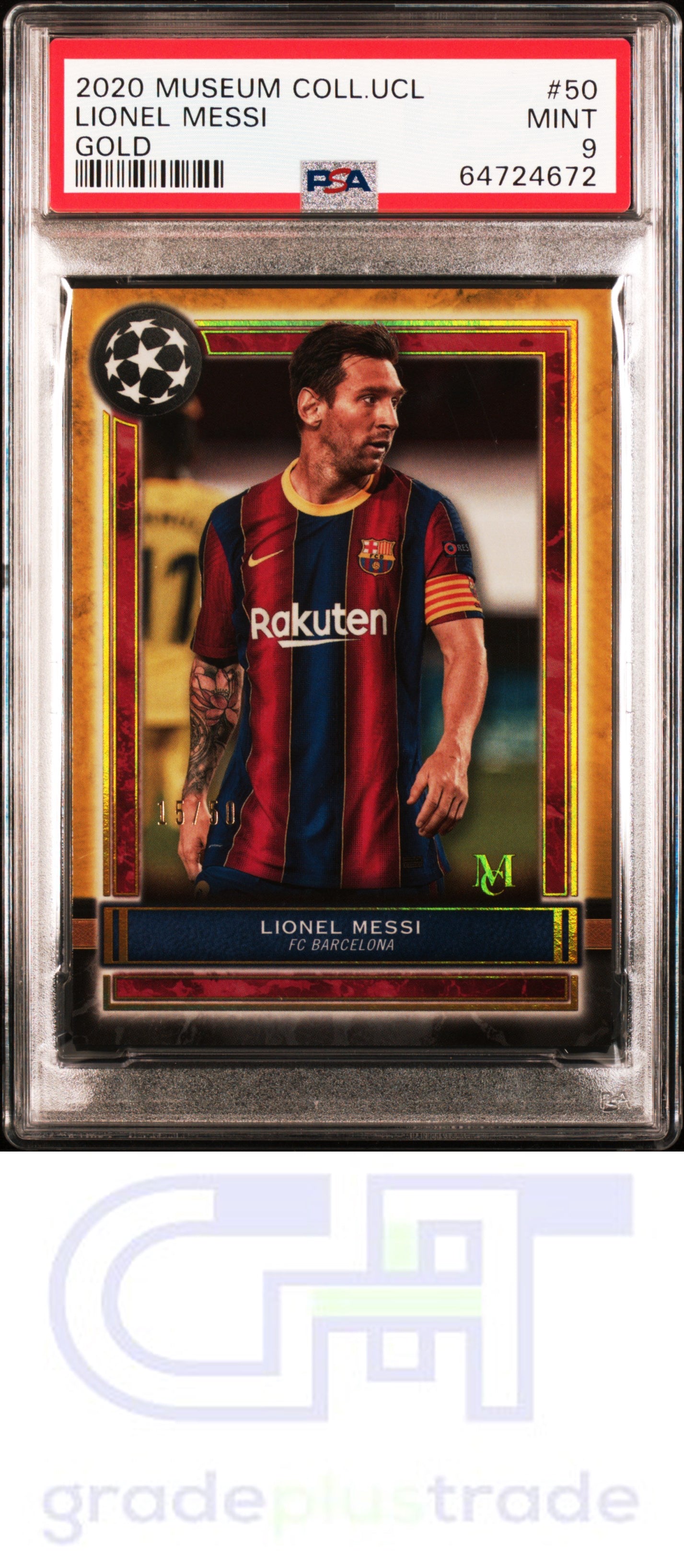 2020 Topps Museum Collection Uefa Champions League #50 Lionel Messi Gold PSA 9