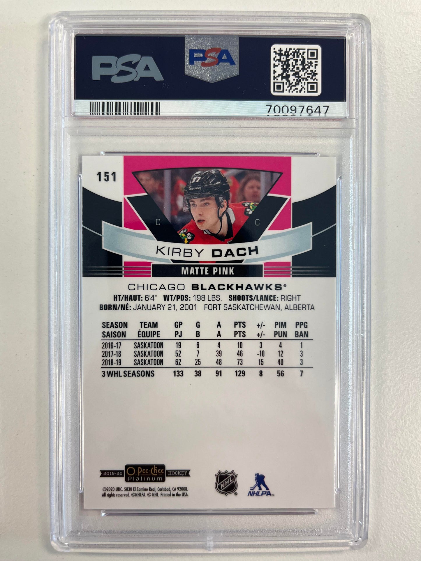 2019 O-Pee-Chee Platinum #151 Kirby Dach Matte Pink PSA 9