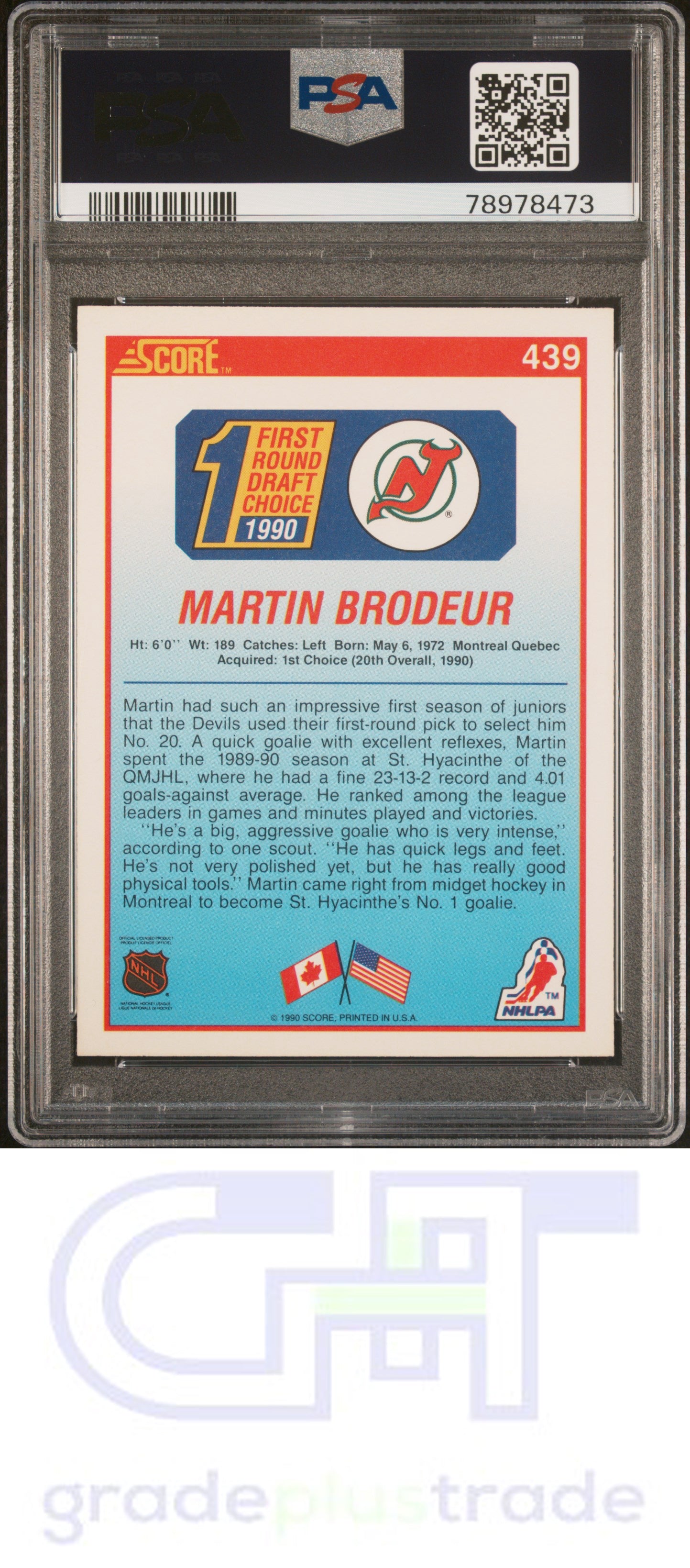 1990 Score #439 Martin Brodeur PSA 8