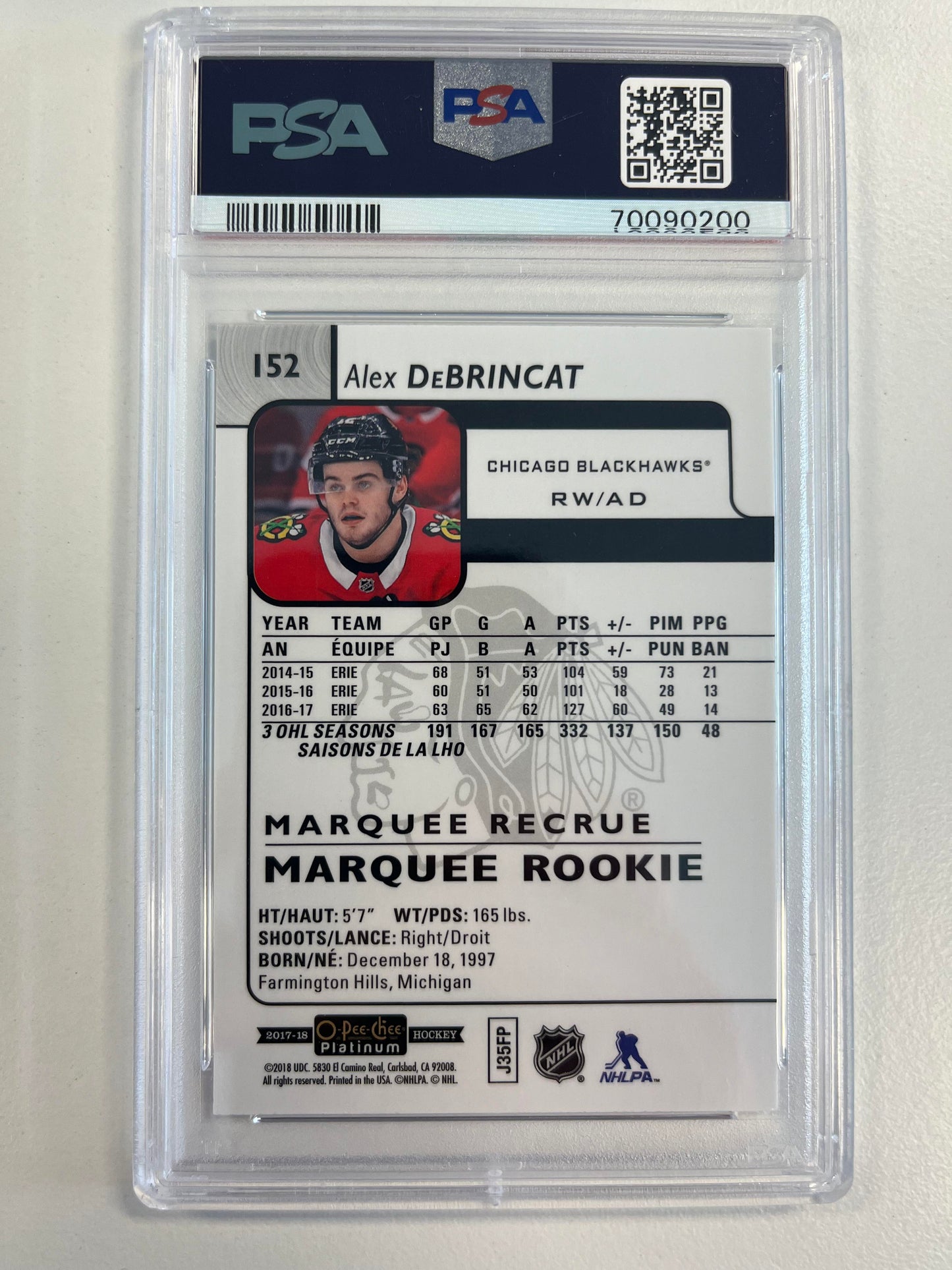 2017 O-Pee-Chee Platinum #152 Alex Debrincat PSA 9