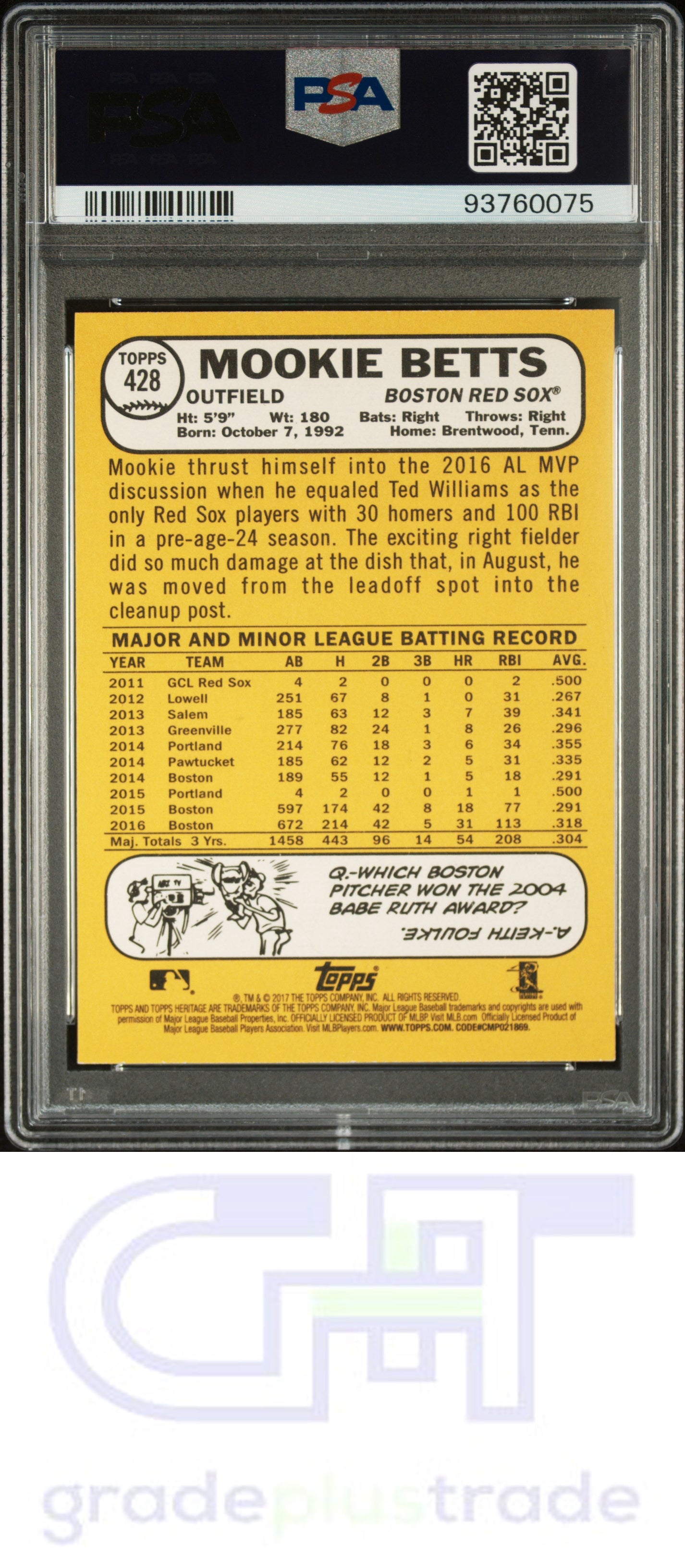 2017 Topps Heritage #428 Mookie Betts PSA 10