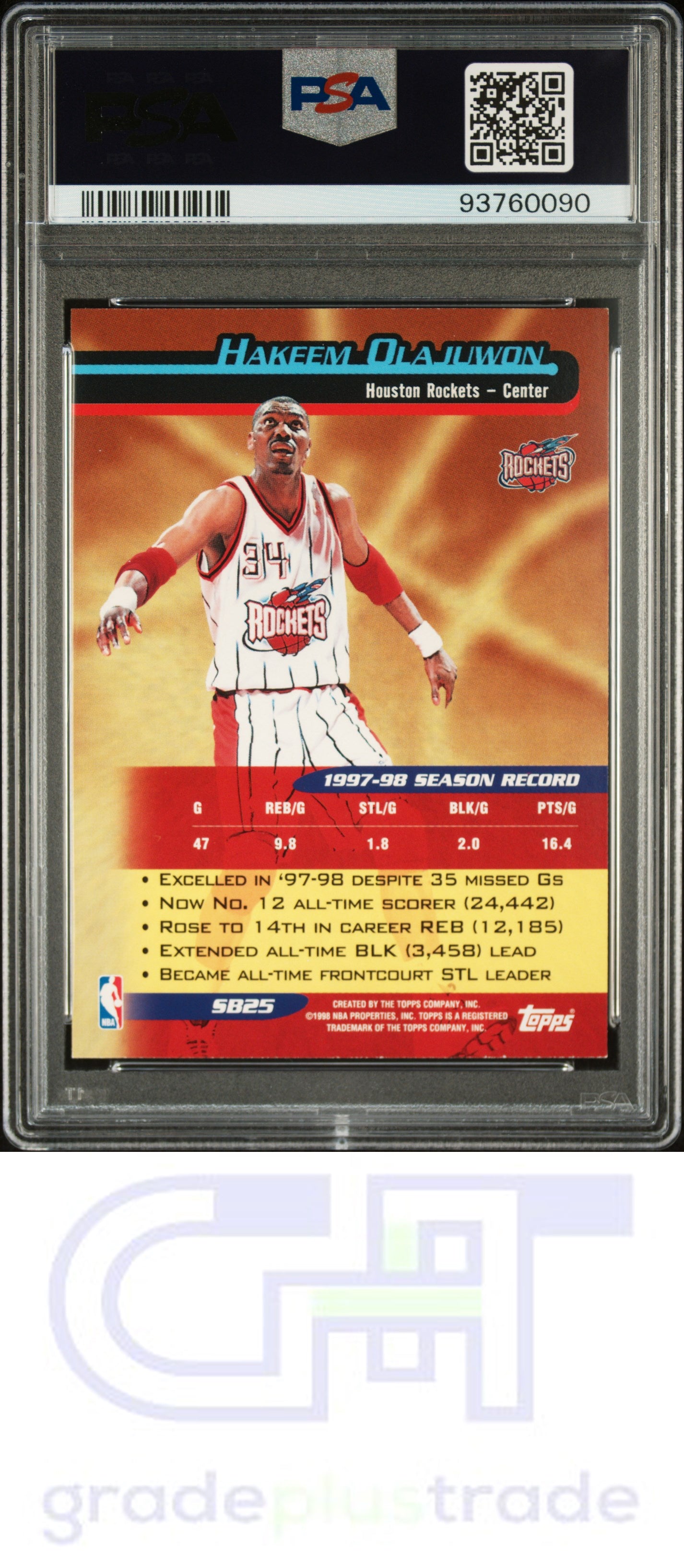 1998 Topps Season'S Best #SB25 Hakeem Olajuwon Season'S Best PSA 8