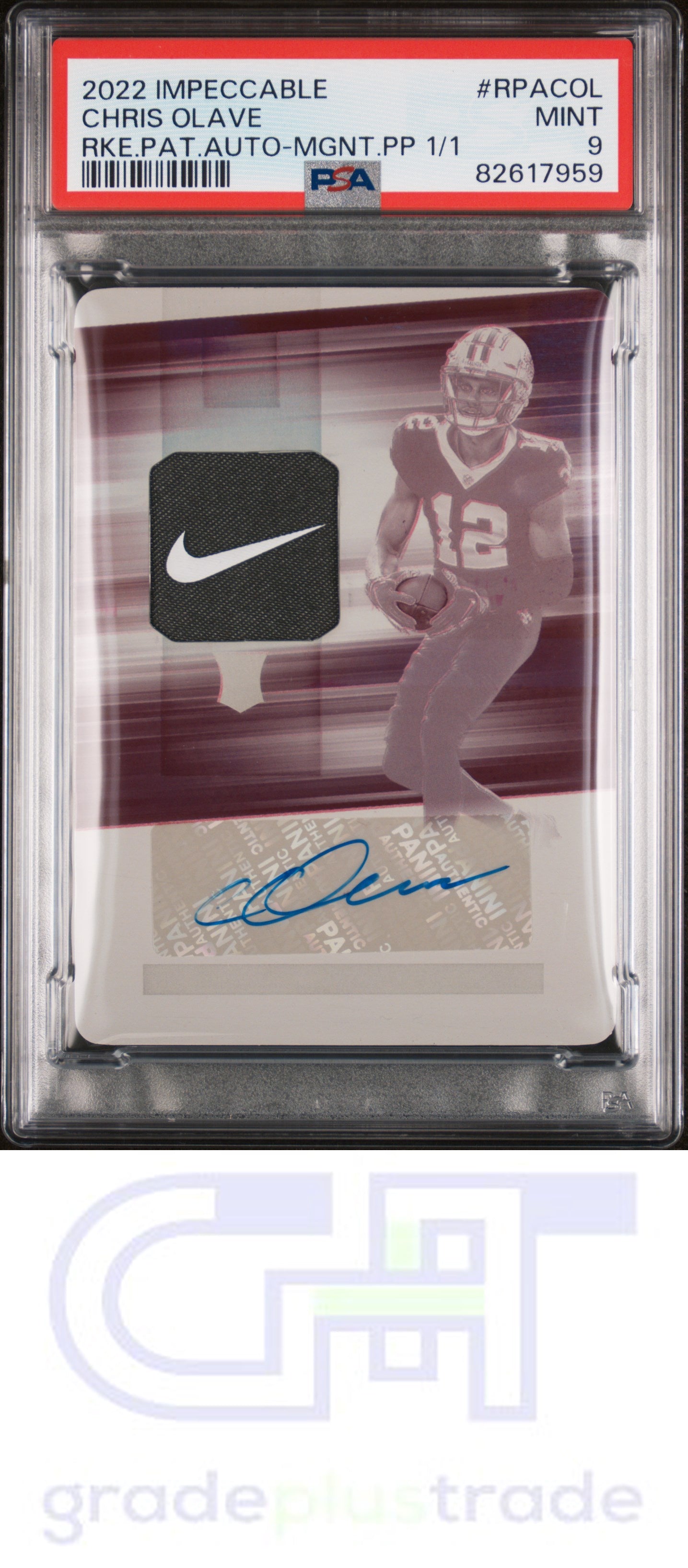 2022 Panini Impeccable Rookie Patch Auto Chris Olave Magenta Plate #'d 1/1 PSA 9