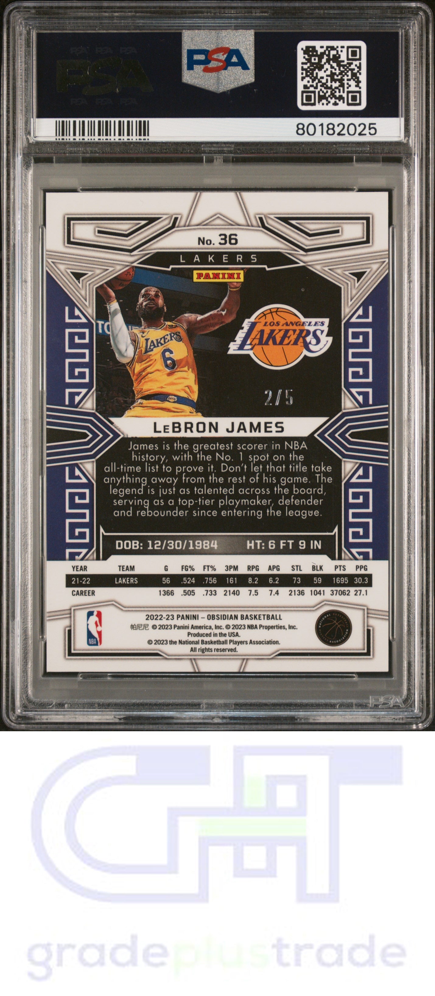 2022 Panini Obsidian #36 Lebron James Electric Etch Red #'d 2/5 PSA 9