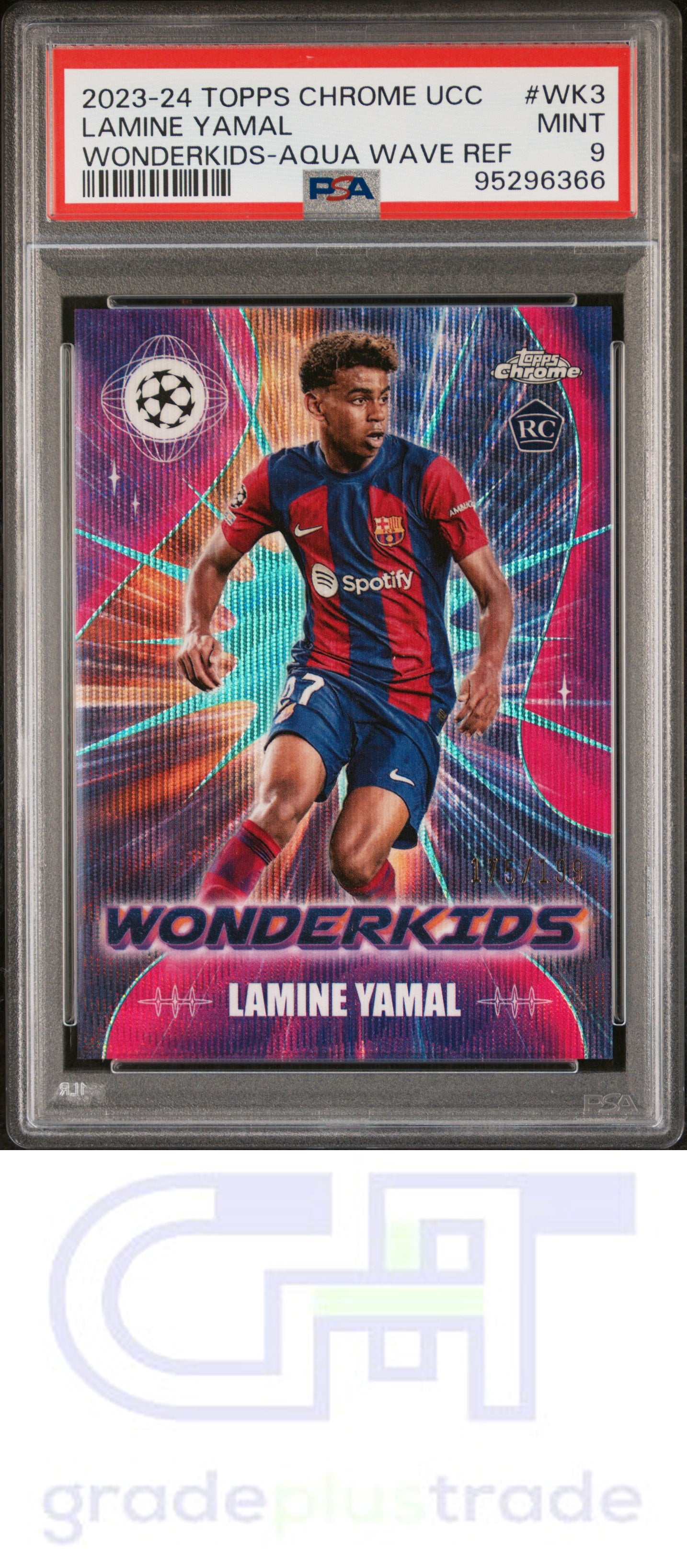 2023-24 Topps Chrome UEFA Wonderkids Lamine Yamal RC Aqua Wave #'d /199 PSA 9