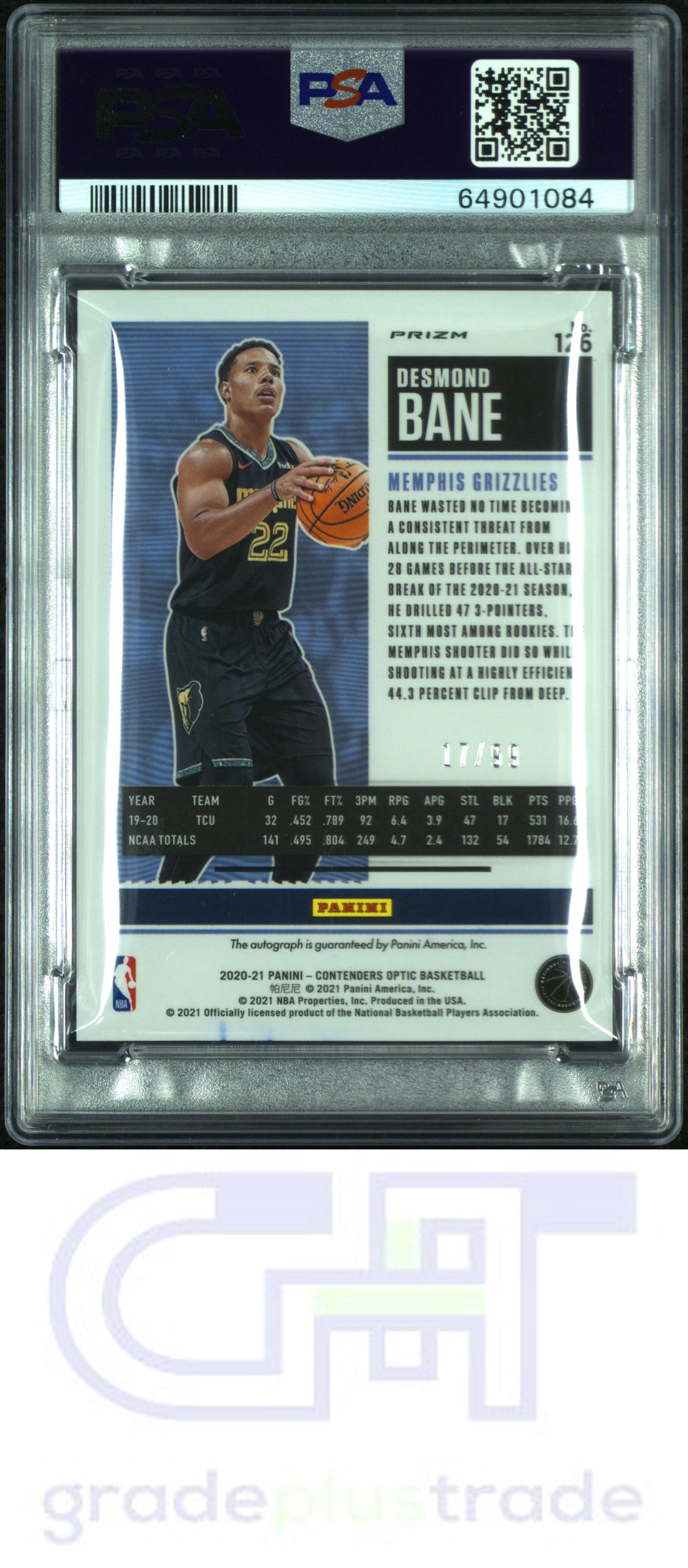 2020 Panini Contenders Optic #126 Autograph-Blue Desmond Bane PSA 8