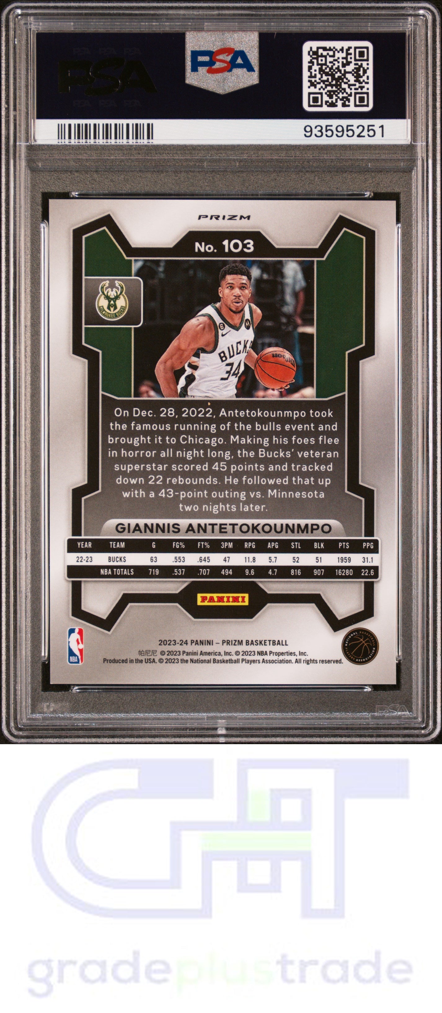 2023 Panini Prizm #103 Snakeskin Prizm Giannis Antetokounmpo PSA 9