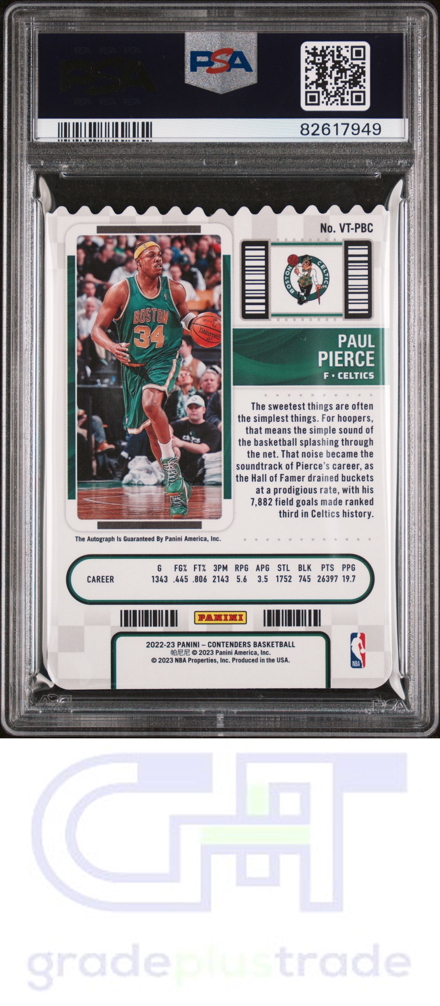 2022 Panini Contenders Veteran Ticket Autographs Auto-Stub Paul Pierce PSA 9