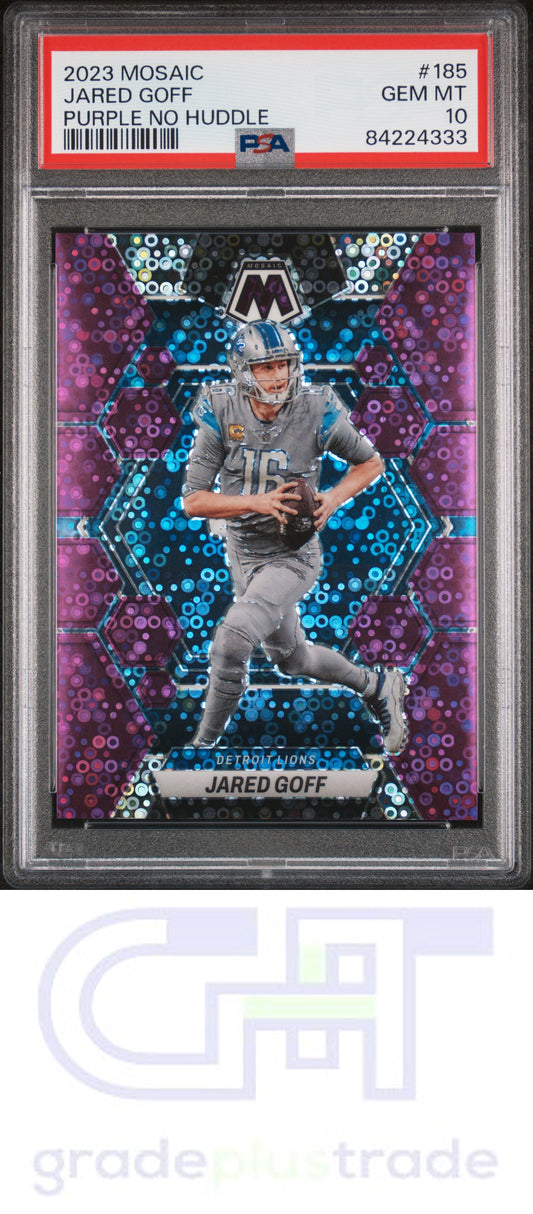 2023 Panini Mosaic #185 Purple No Huddle Jared Goff /50 PSA 10