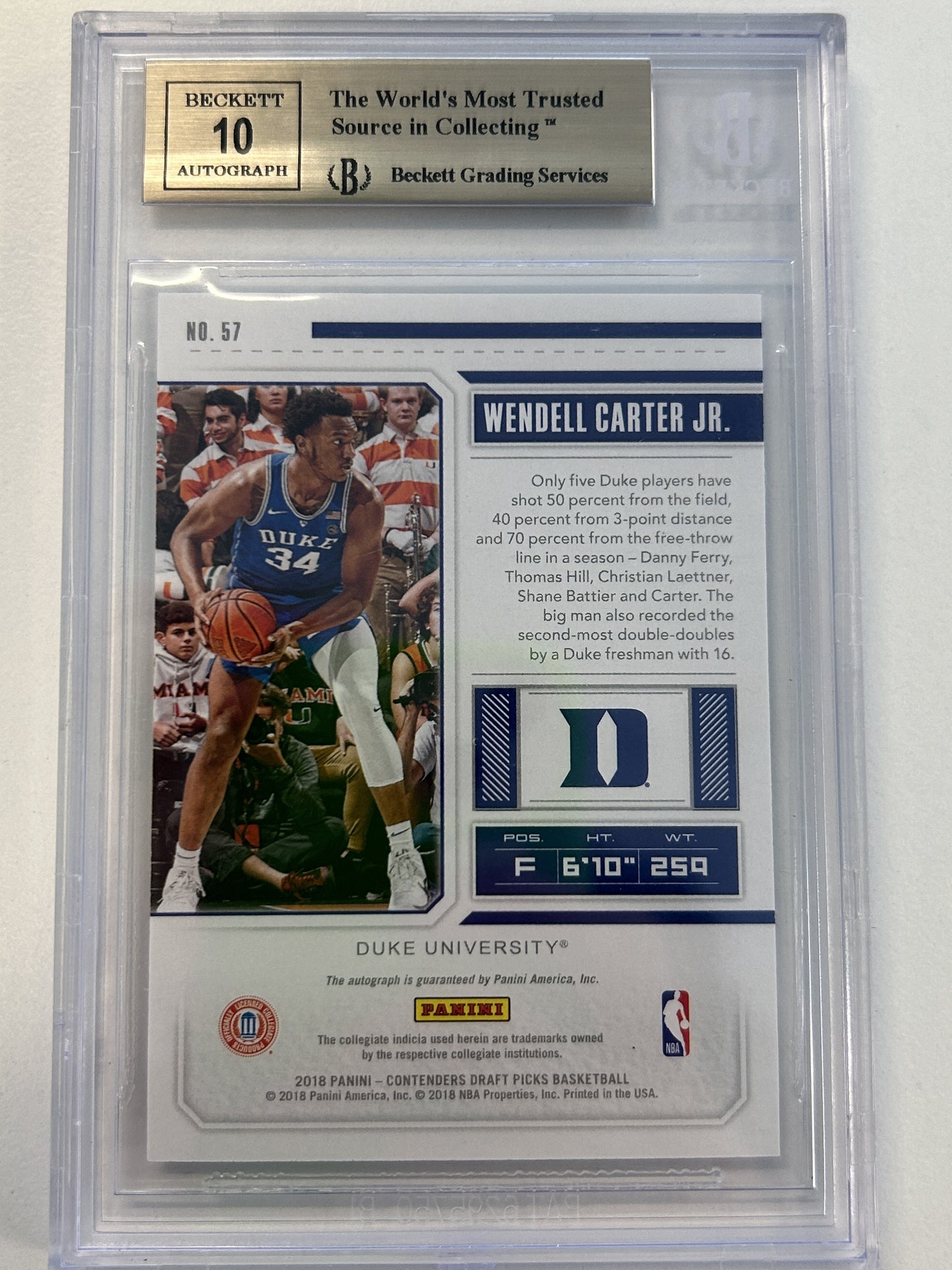 2018-19 Panini Contenders Draft Picks #57 Wendell Carter Jr. AU RC BGS 9.5