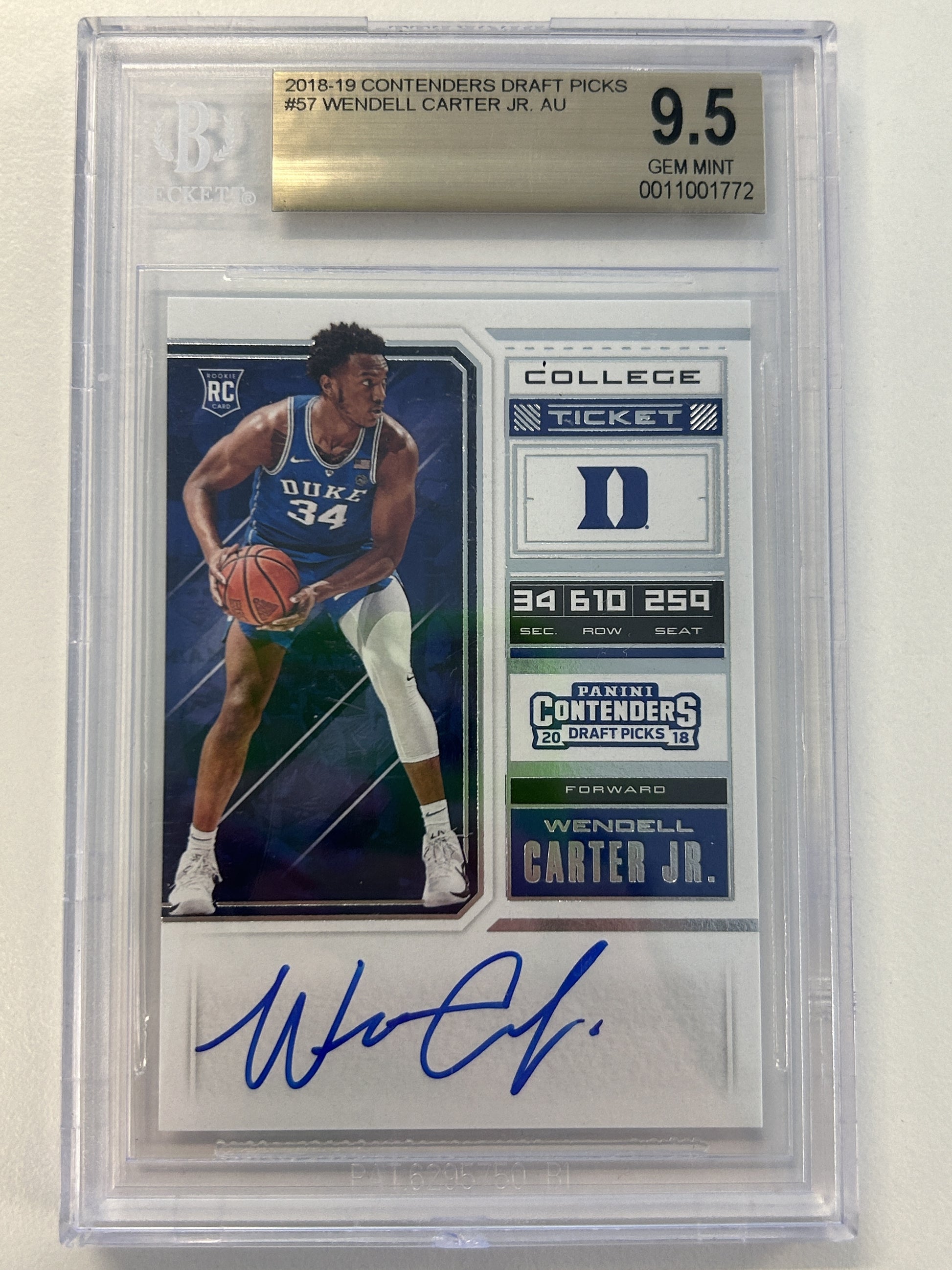 2018-19 Panini Contenders Draft Picks #57 Wendell Carter Jr. AU RC BGS 9.5