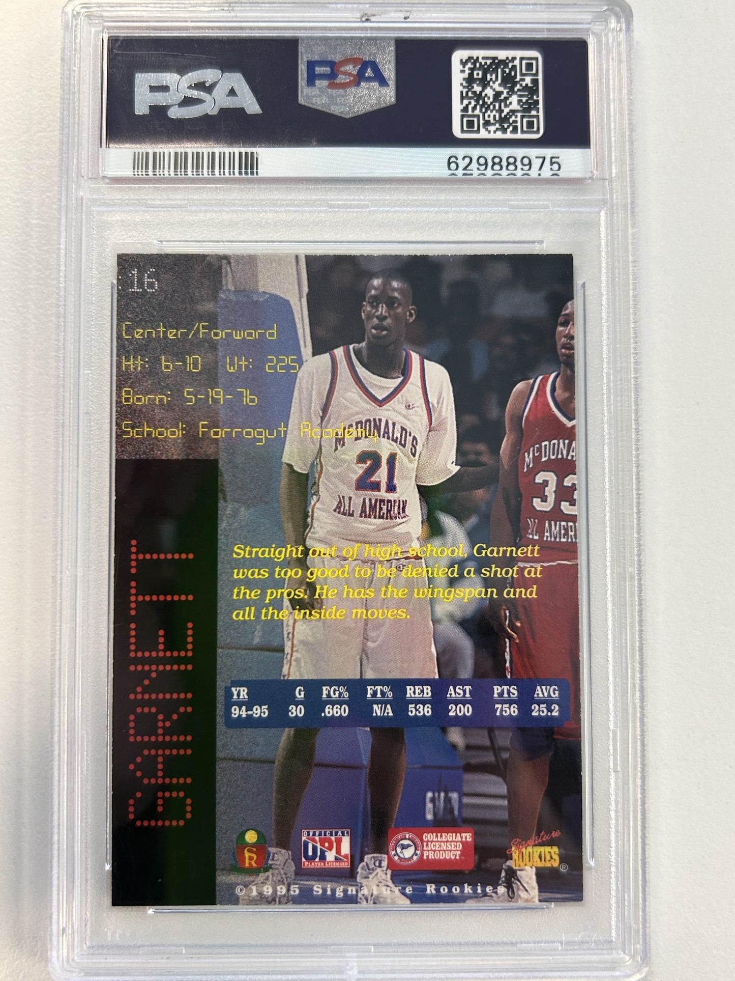 1995 Signature Rookies Prime #16 Prime-Promo Kevin Garnett PSA 8