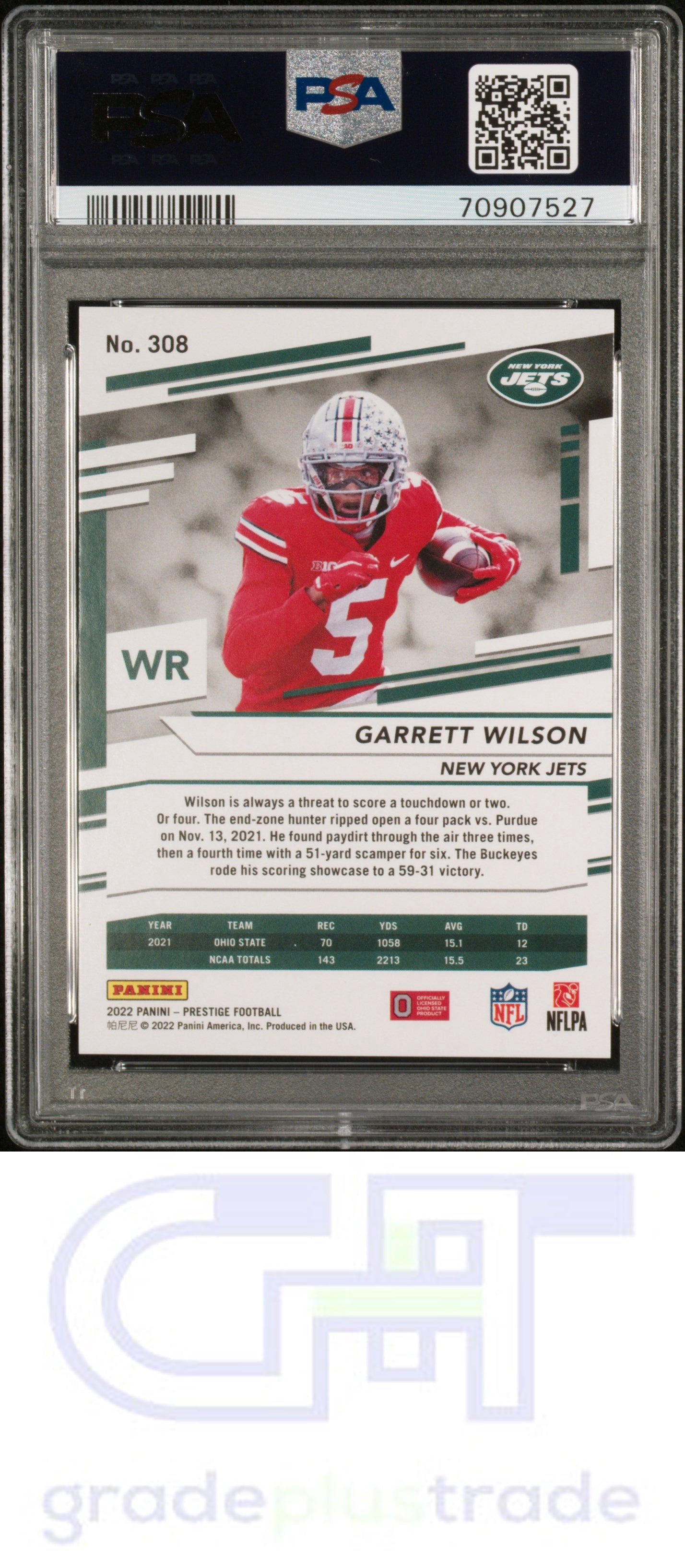 2022 Panini Prestige #308 Gold Premium Xtra Points Garrett Wilson /99 PSA 10