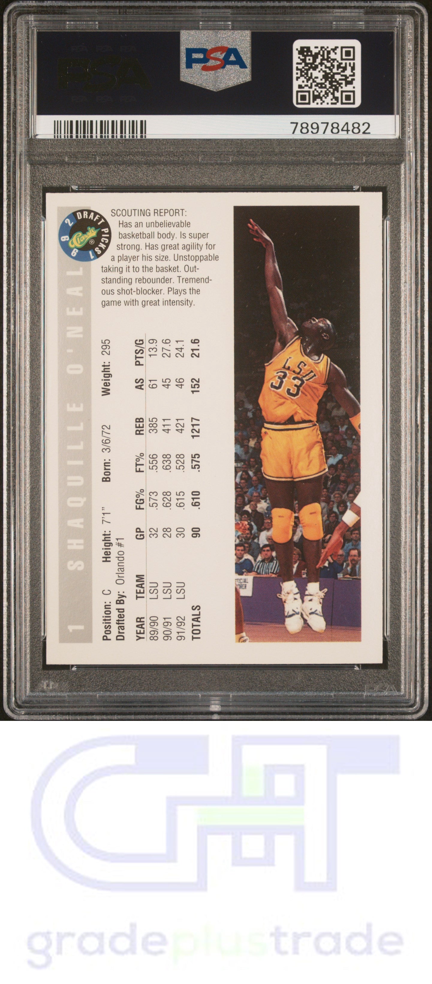 1992 Classic Draft Picks #1 Draft Picks Shaquille O'Neal PSA 8