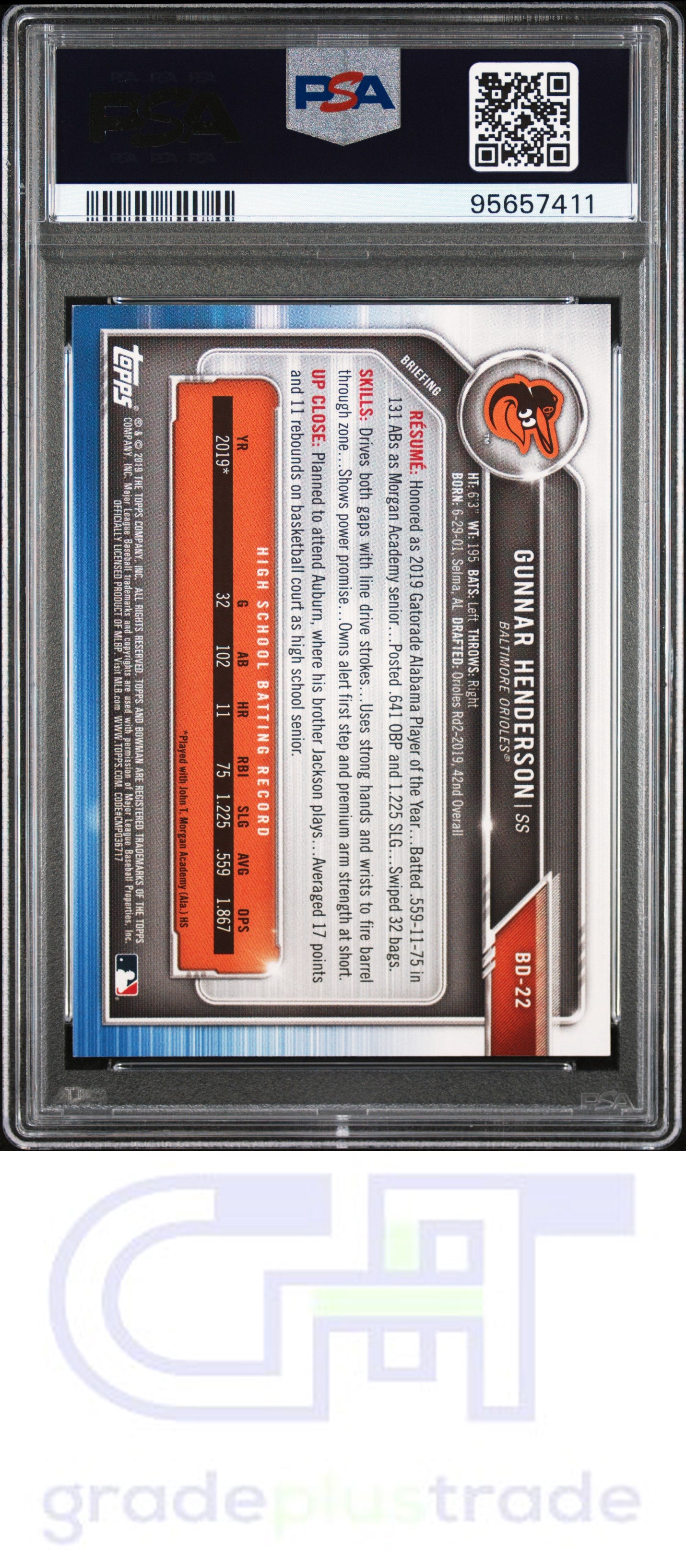 2019 Bowman Draft #BD22 Gunnar Henderson PSA 9