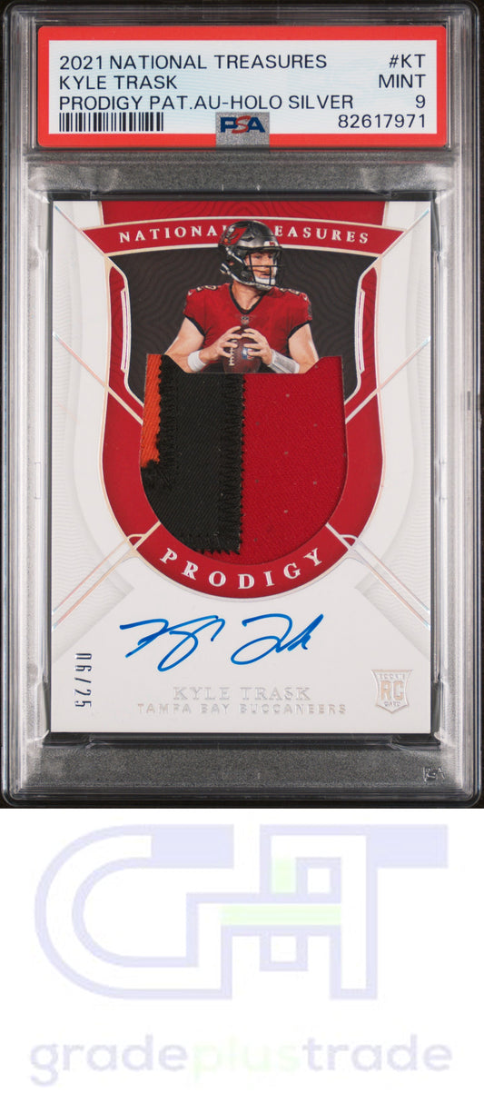 2021 Panini National Treasures Patch Auto Holo Silver /25 Kyle Trask PSA 9