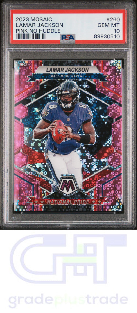 2023 Panini Mosaic 260 Pink No Huddle Lamar Jackson #'d 8/20 PSA 10