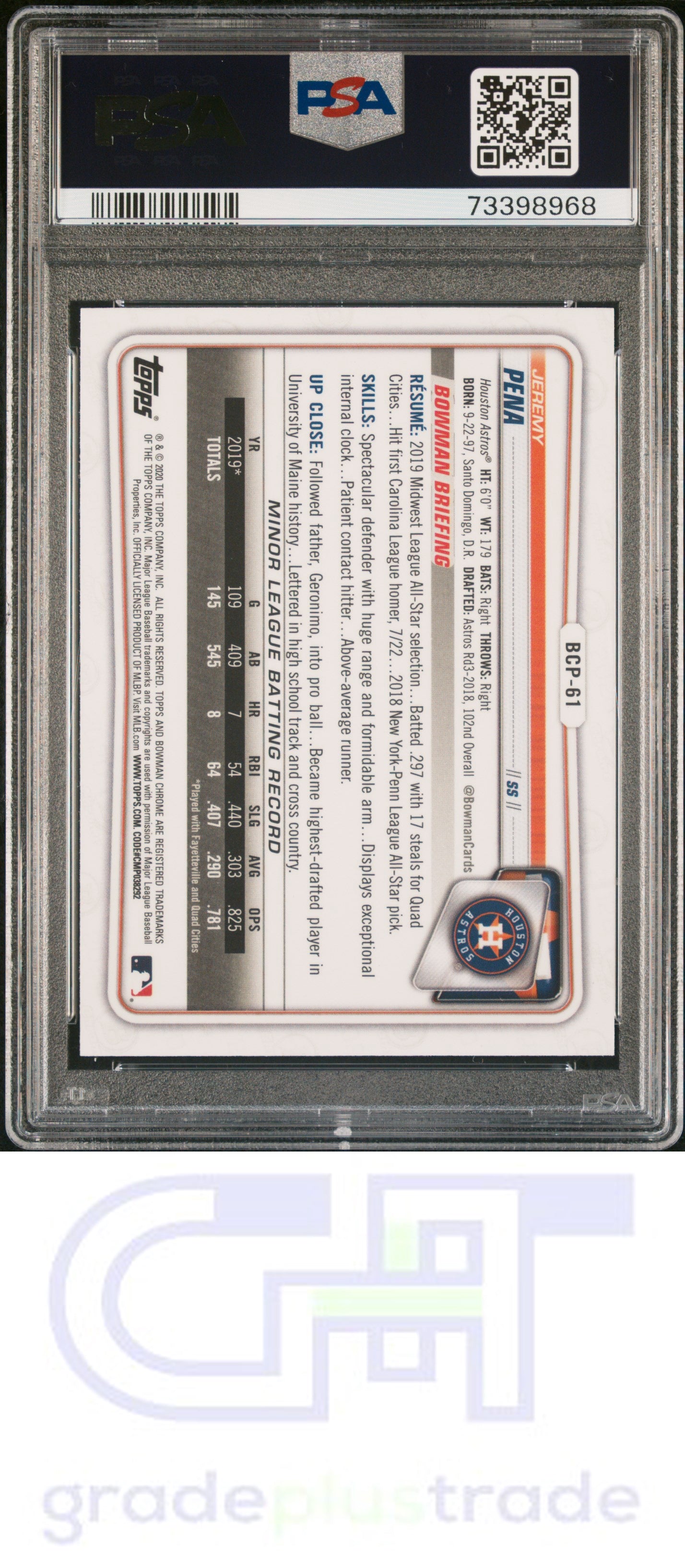 2020 Bowman Chrome Prospects #BCP61 Prospects Jeremy Pena PSA 9