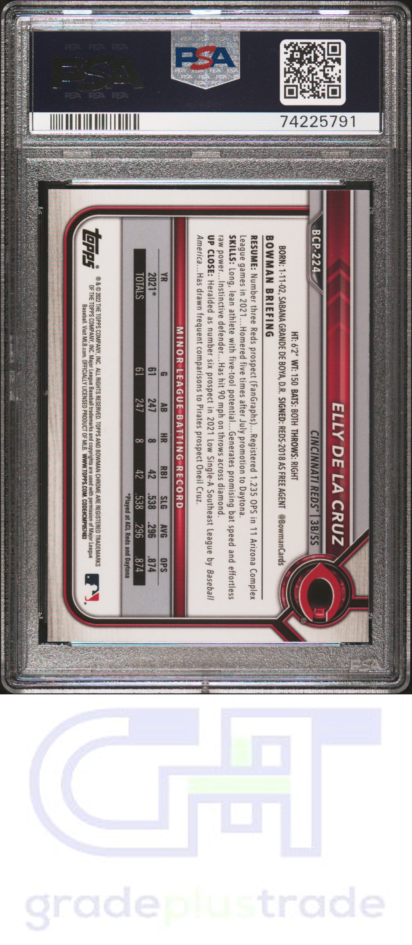 2022 Bowman Chrome Sapphire Edition Prospects #BCP224 Elly De La Cruz PSA 10