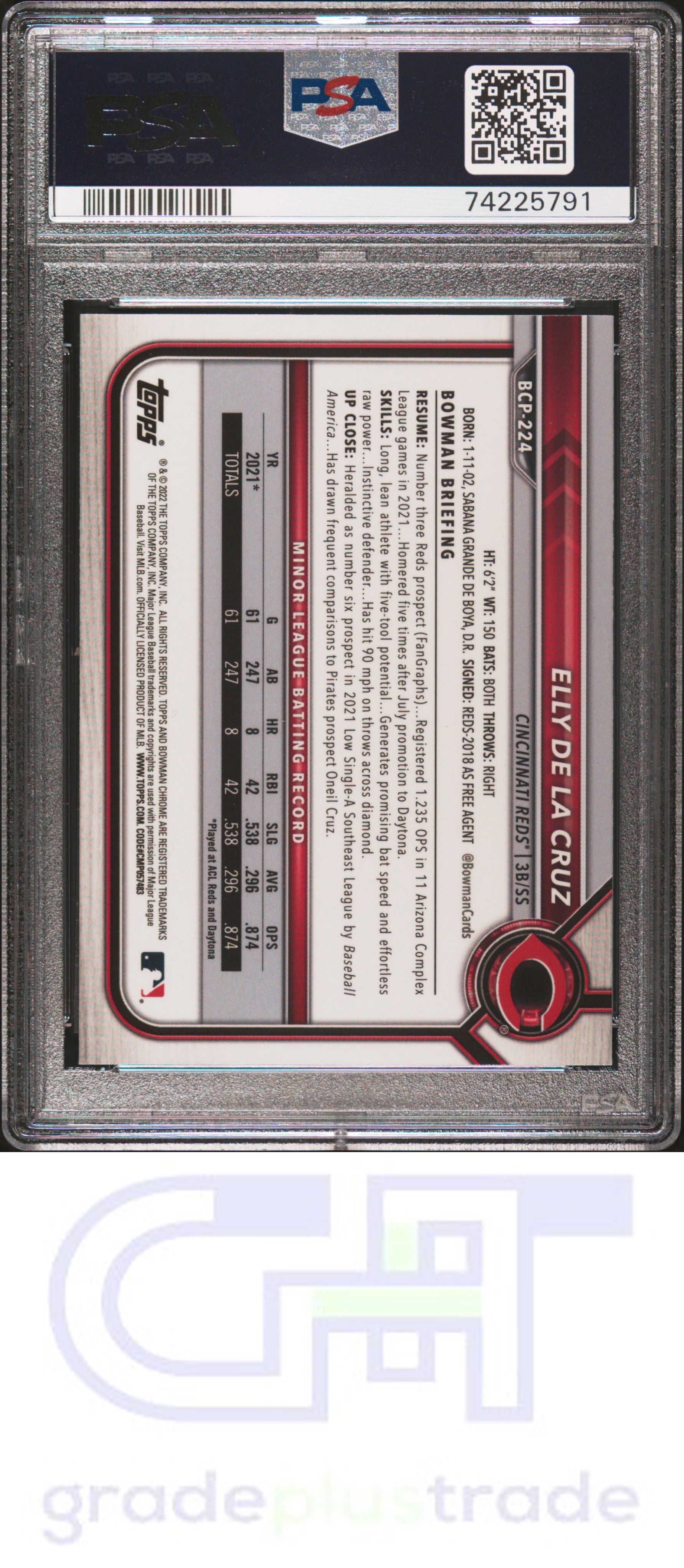 2022 Bowman Chrome Sapphire Edition Prospects #BCP224 Elly De La Cruz PSA 10