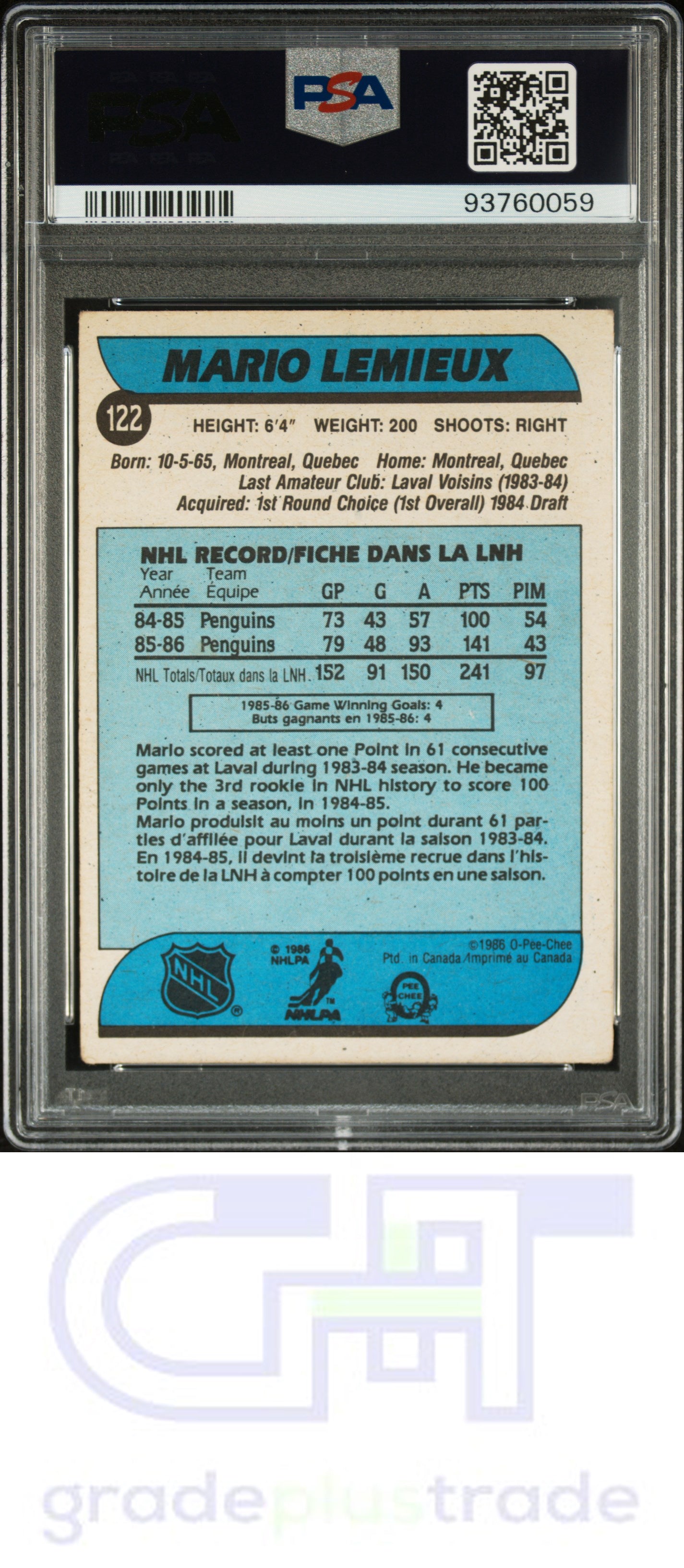 1986 O-Pee-Chee #122 Mario Lemieux PSA 4