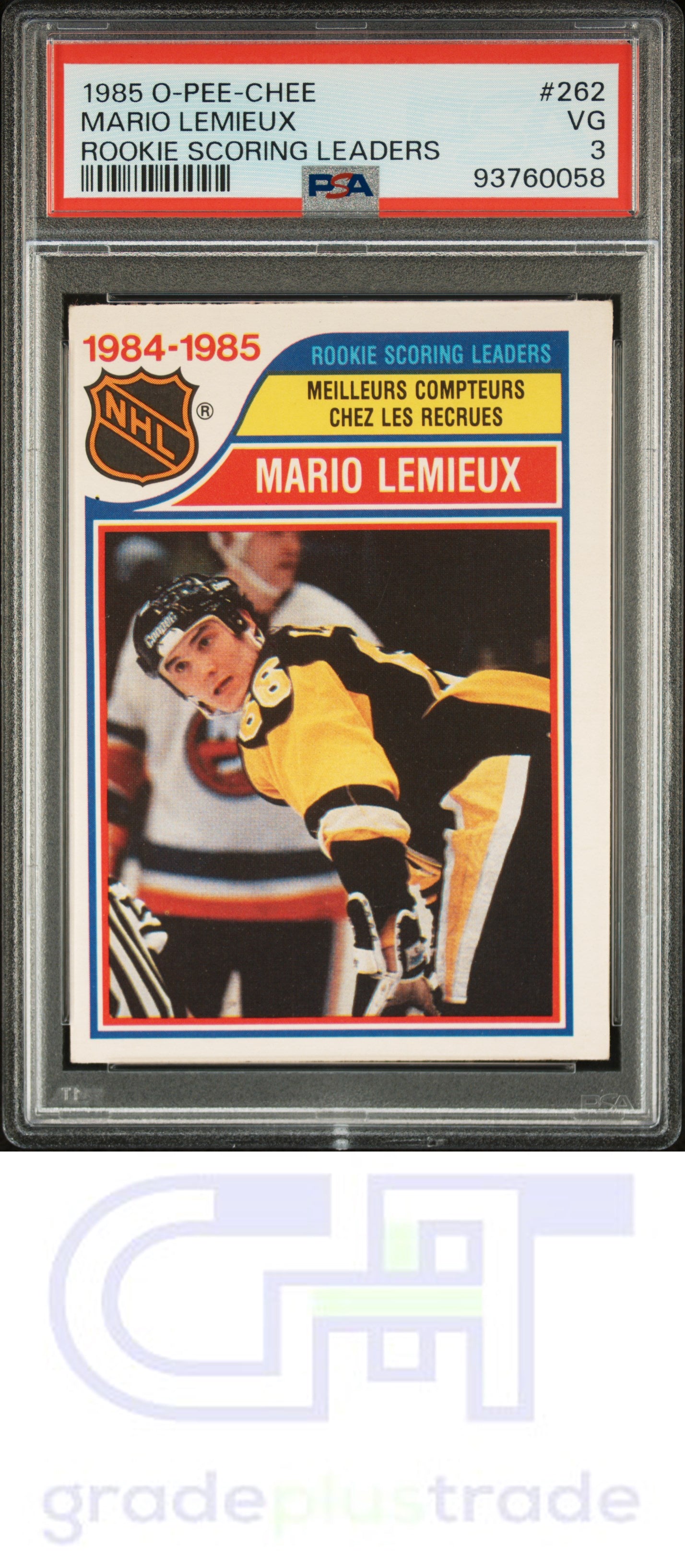 1985 O-Pee-Chee #262 Rookie Scoring Leaders Mario Lemieux PSA 3