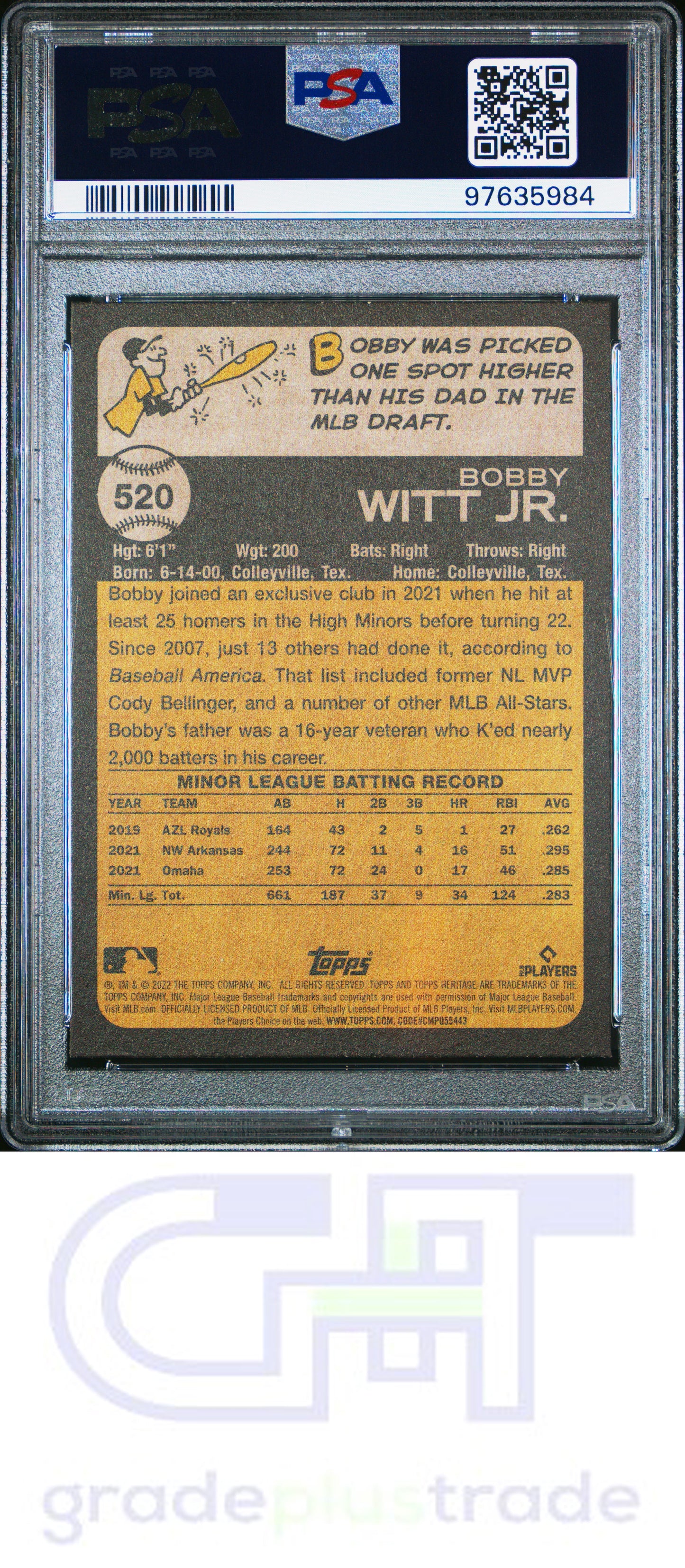 2022 Topps Heritage #520 Bobby Witt Jr. RC PSA 9