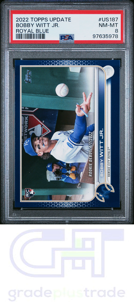 2022 Topps Update #US187 Royal Blue Bobby Witt Jr. RC PSA 8