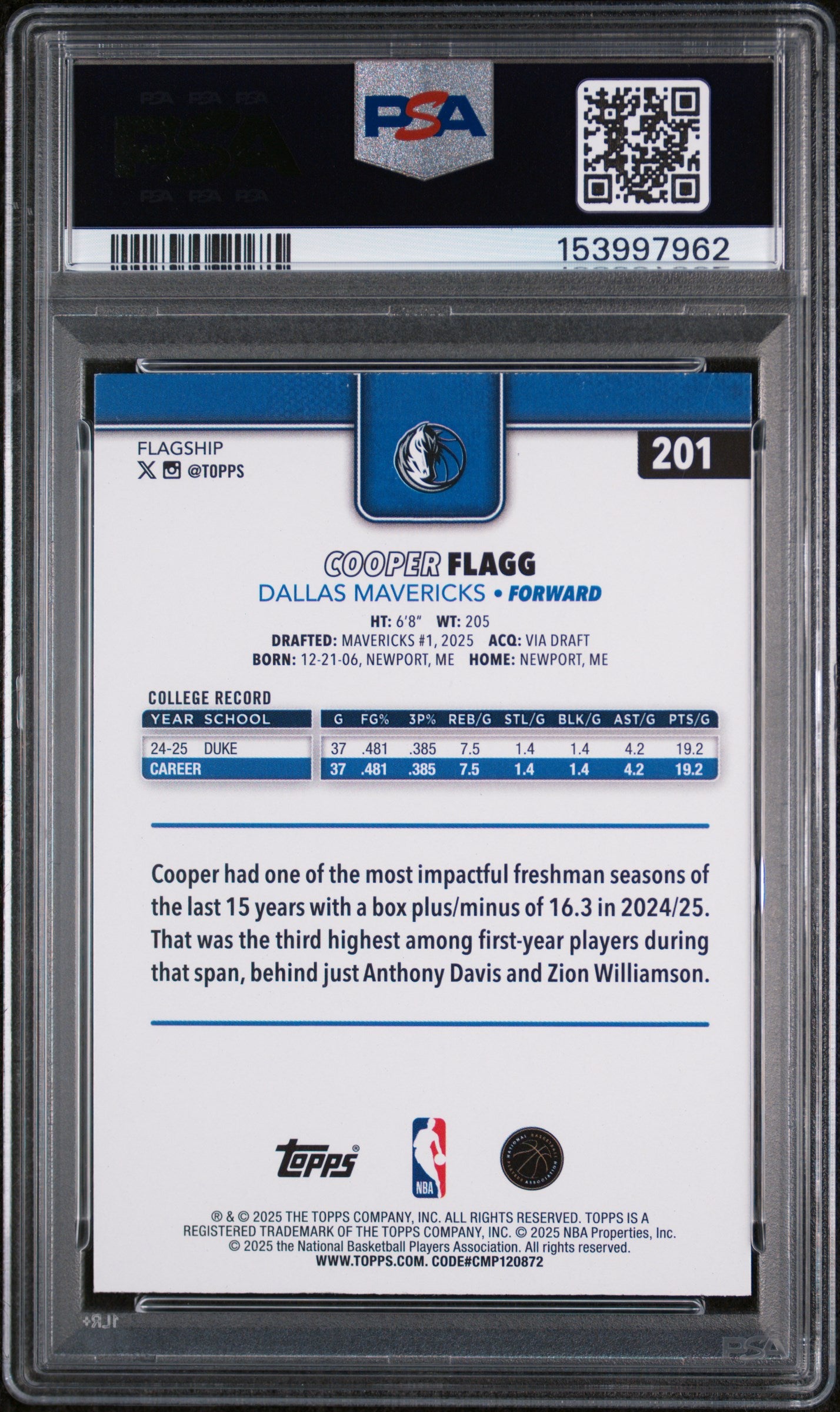2025 Topps #201 Cooper Flagg Pink Diamante RC PSA 9
