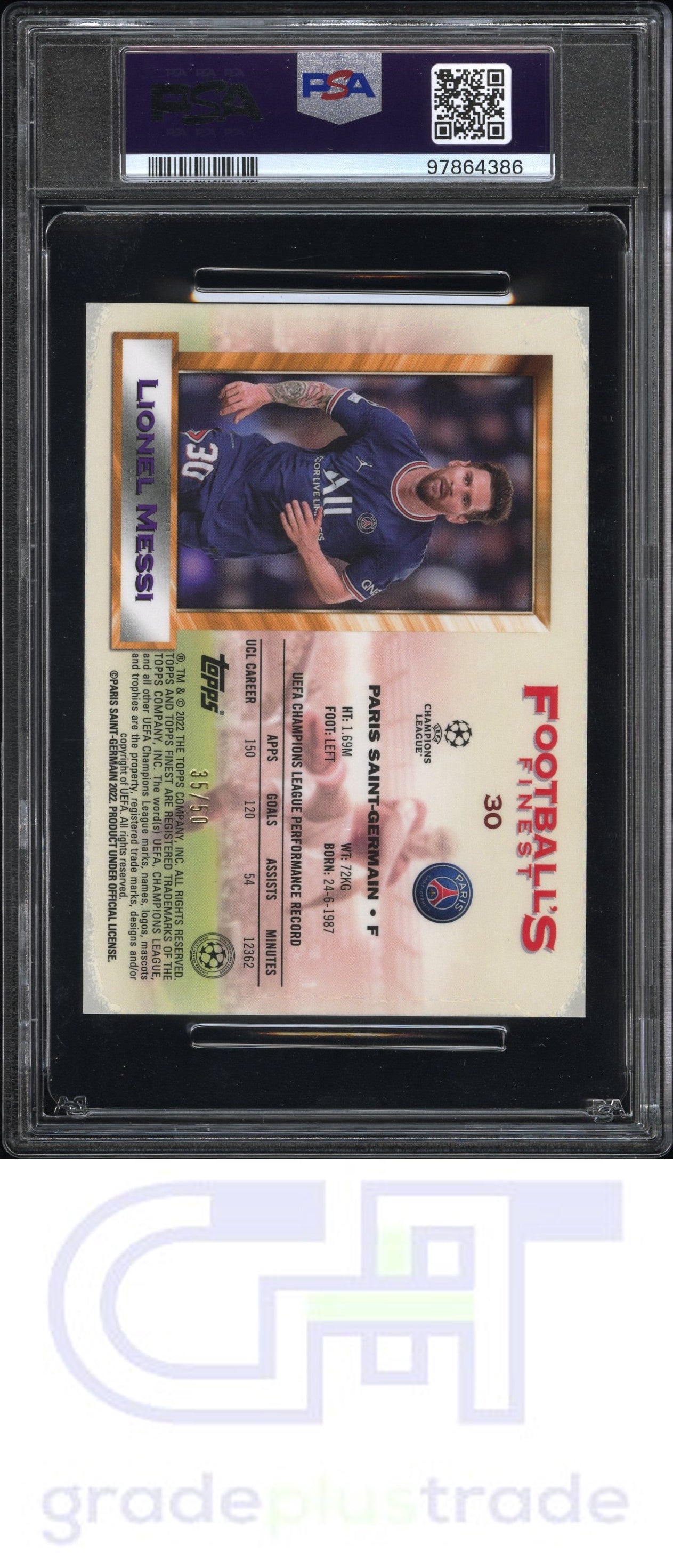 2021 Finest Flashbacks Uefa Jumbo 30 Lionel Messi Gold Refractor #'d /10 PSA 9