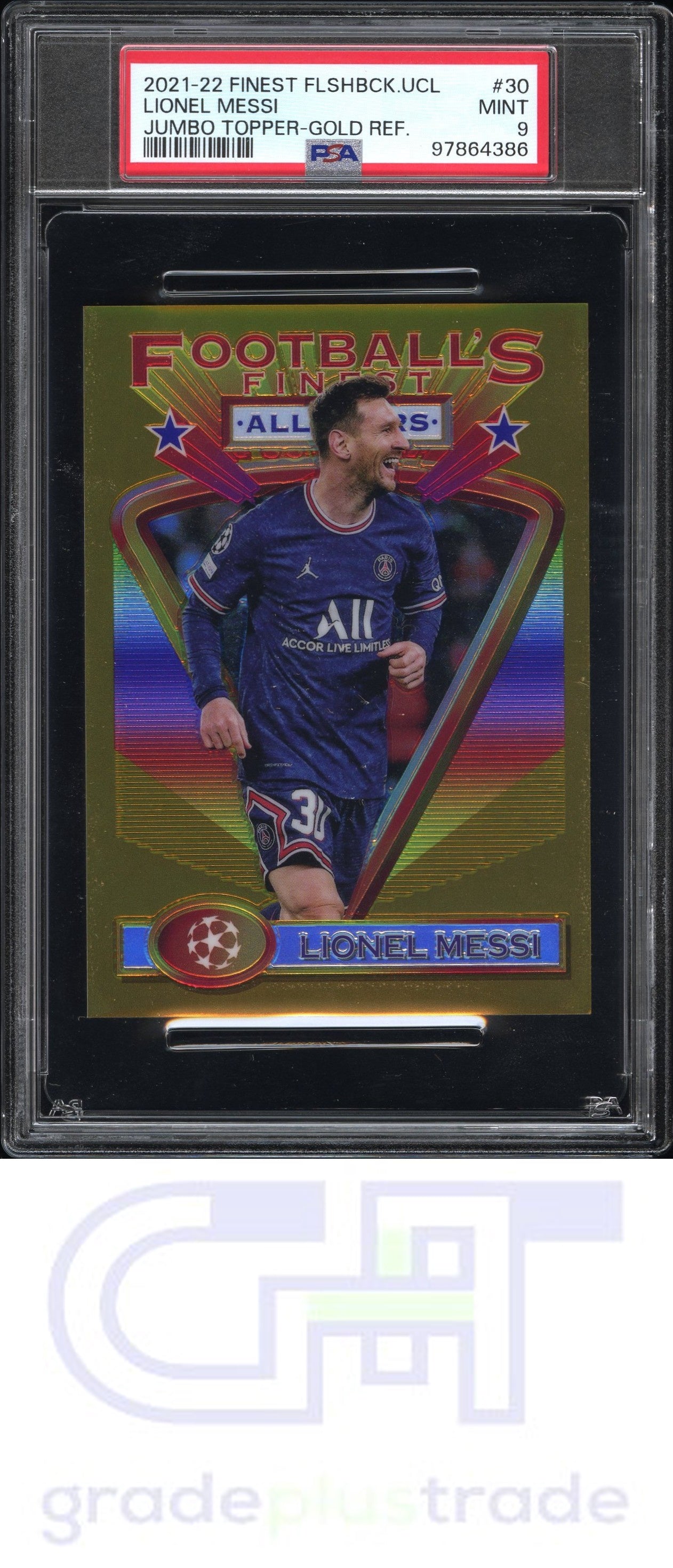 2021 Finest Flashbacks Uefa Jumbo 30 Lionel Messi Gold Refractor #'d /10 PSA 9