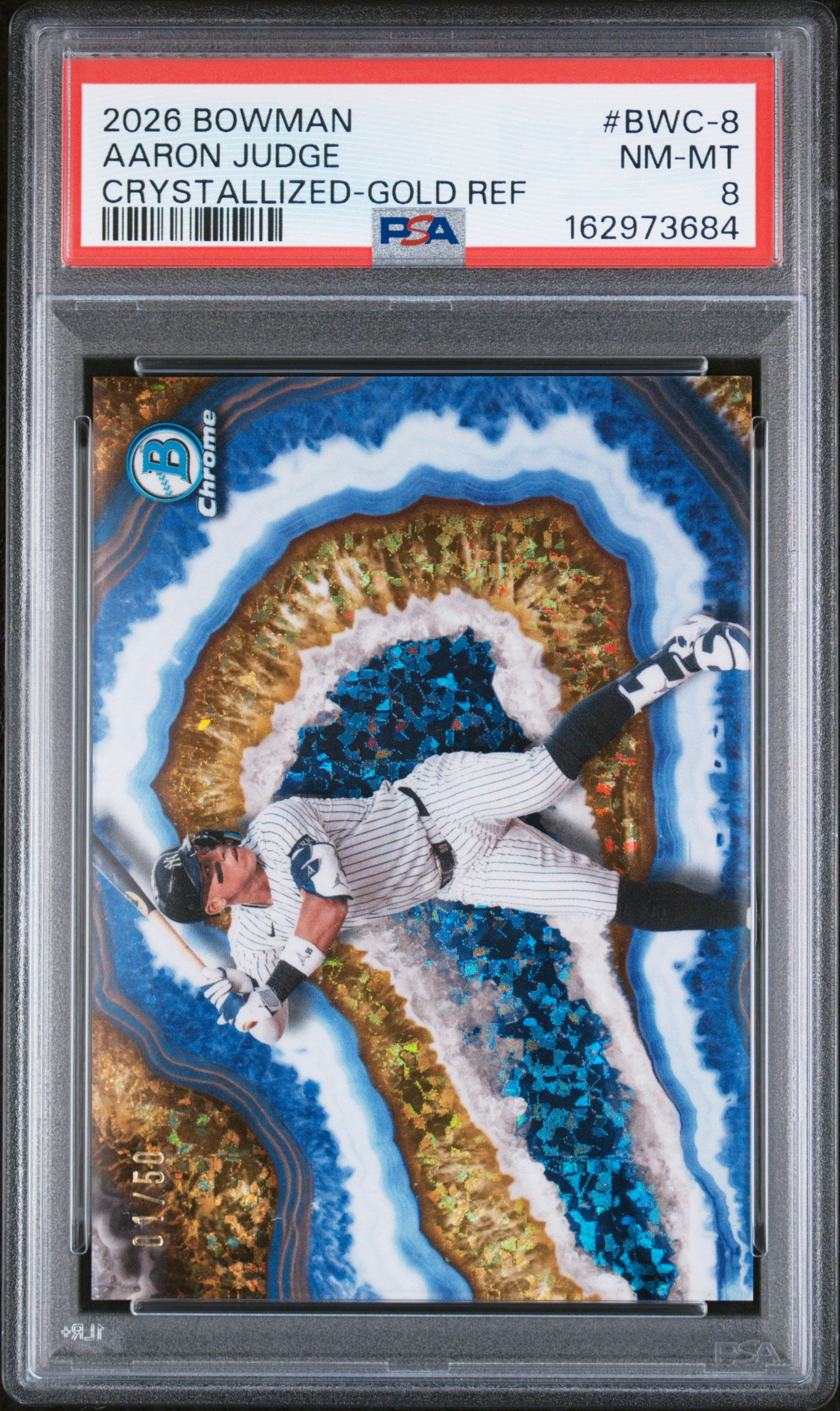 2026 Bowman Crystallized #BWC-8 Aaron Judge Gold Refractor #'d 1/50 *Bookend* PSA 8