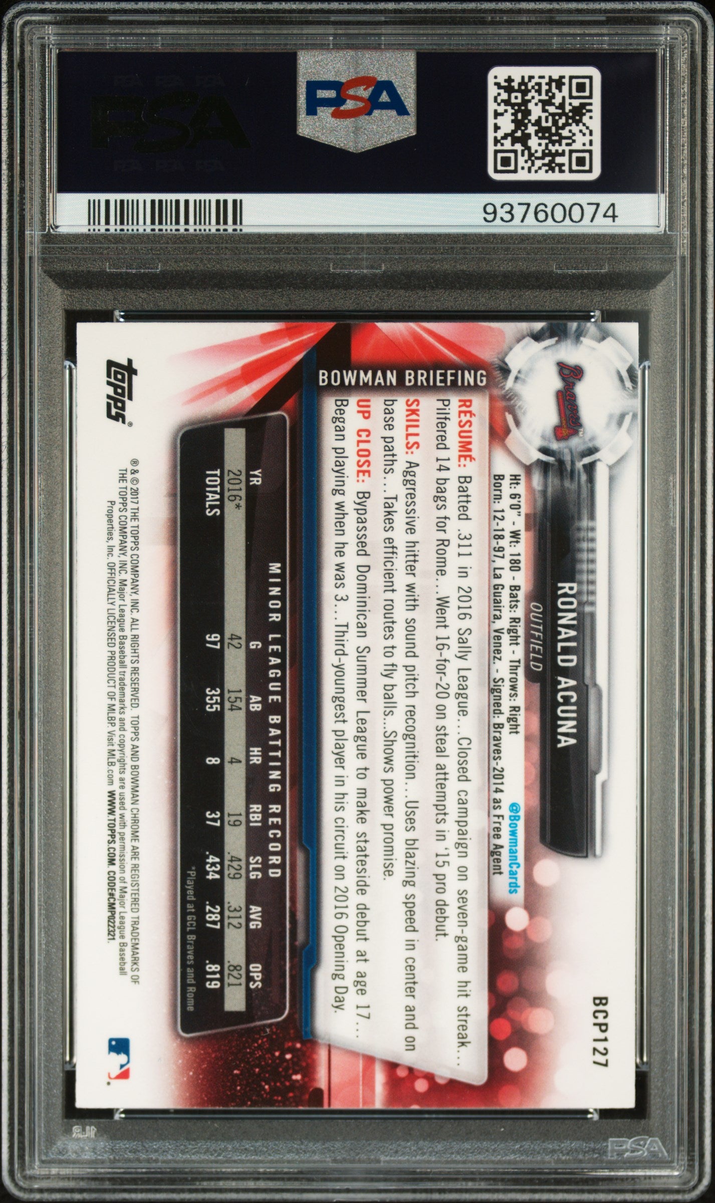 2017 Bowman Prospects #BCP127 Prospects-Chrome Ronald Acuna PSA 9