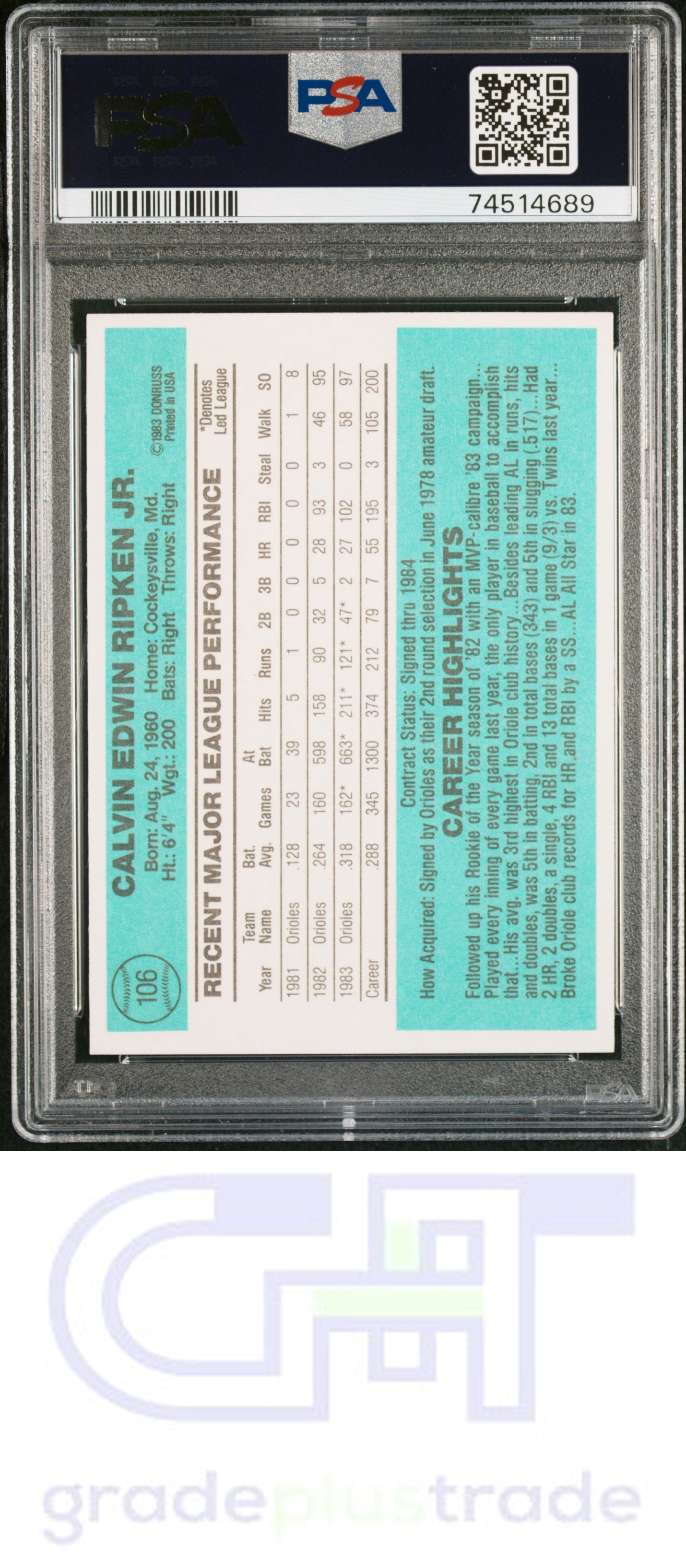 1984 Donruss #106 Cal Ripken Jr. PSA 9