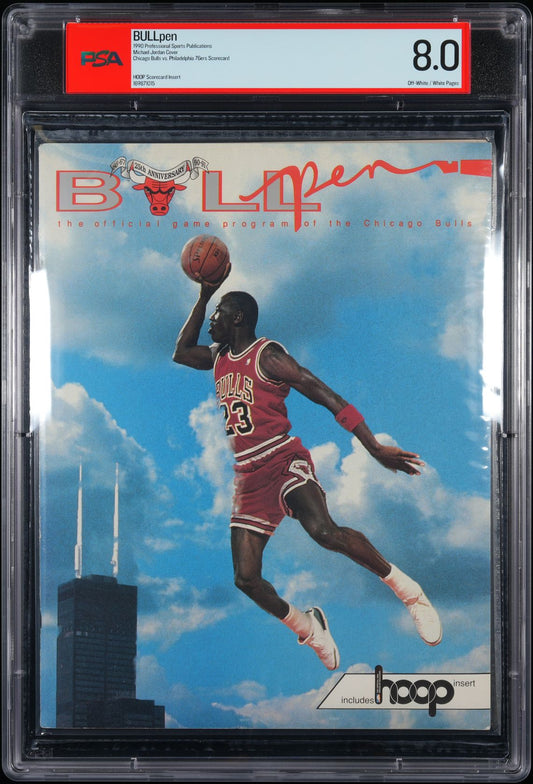 PROFESSIONAL SPORTS PUBLICATIONS BULLPEN 1990 MICHAEL JORDAN CHICAGO BULLS VS. PHILADELPHIA 76ERS SCORECARD PSA 8.0