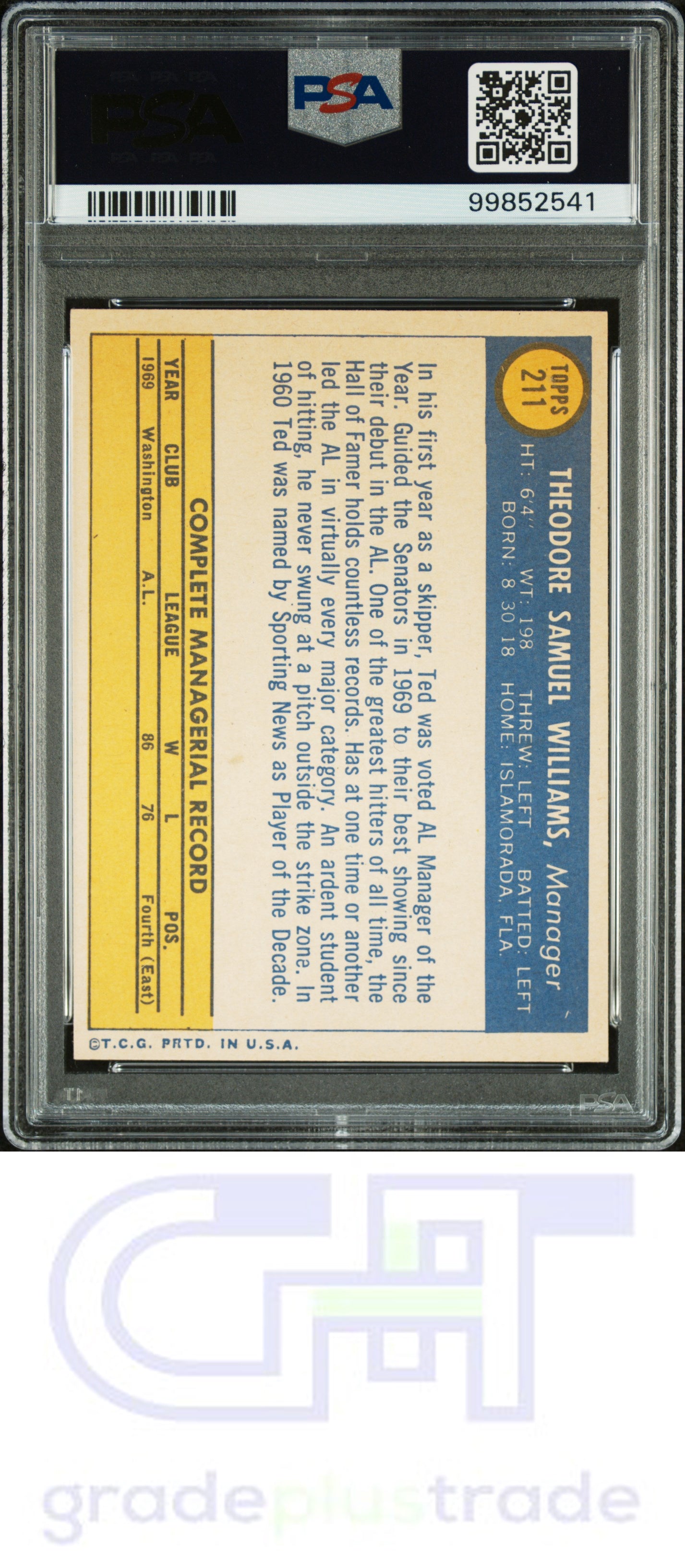 1970 Topps #211 Ted Williams PSA 8 NM-MT