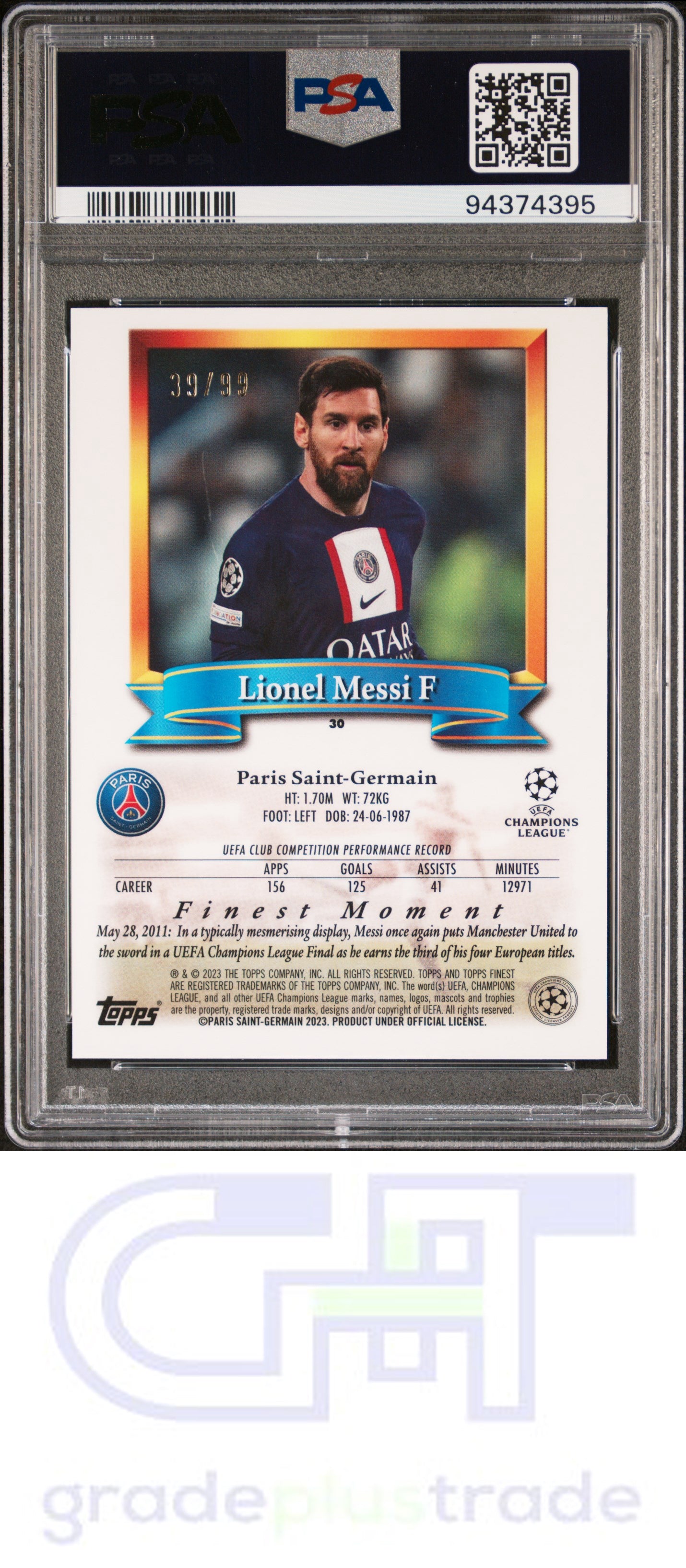 2022 Topps Finest Flashbacks Uefa Club Comp. 30 Blue #'d /99 Lionel Messi PSA 9