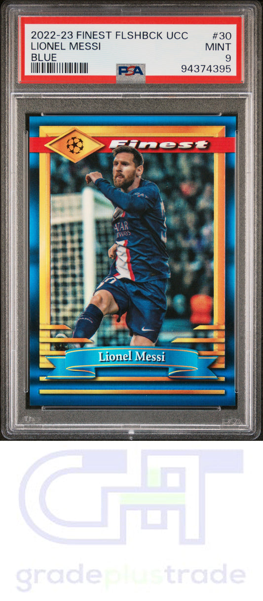 2022 Topps Finest Flashbacks Uefa Club Comp. 30 Blue #'d /99 Lionel Messi PSA 9