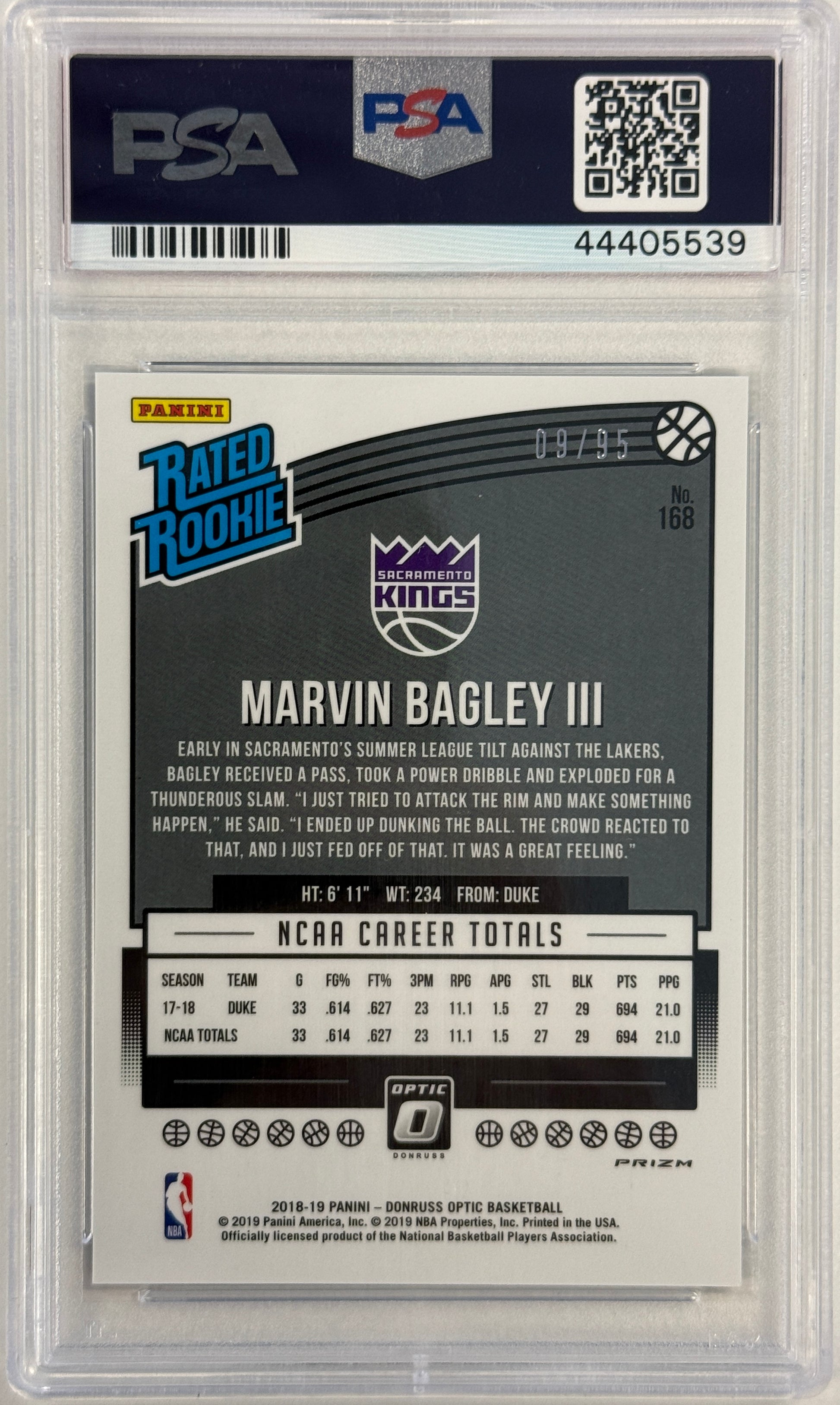 2018 Panini Donruss Optic #168 Fast Break-Purple Marvin Bagley Iii /95 PSA 10