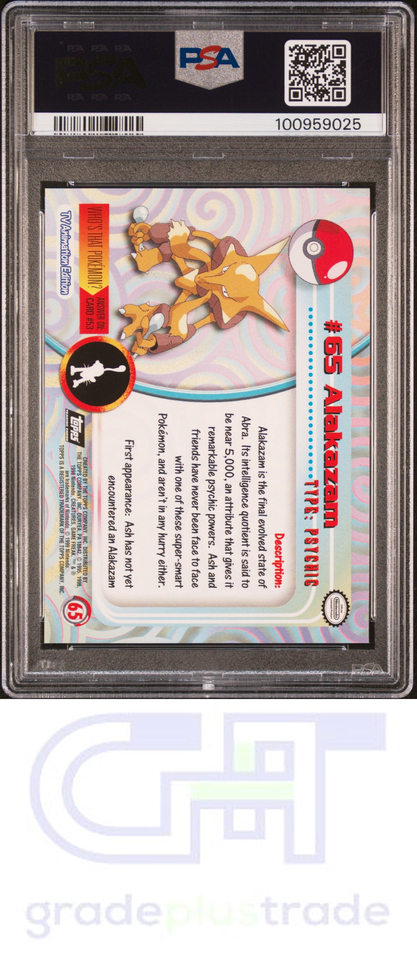 1999 Topps Pokemon Tv #65 Foil Alakazam PSA 8