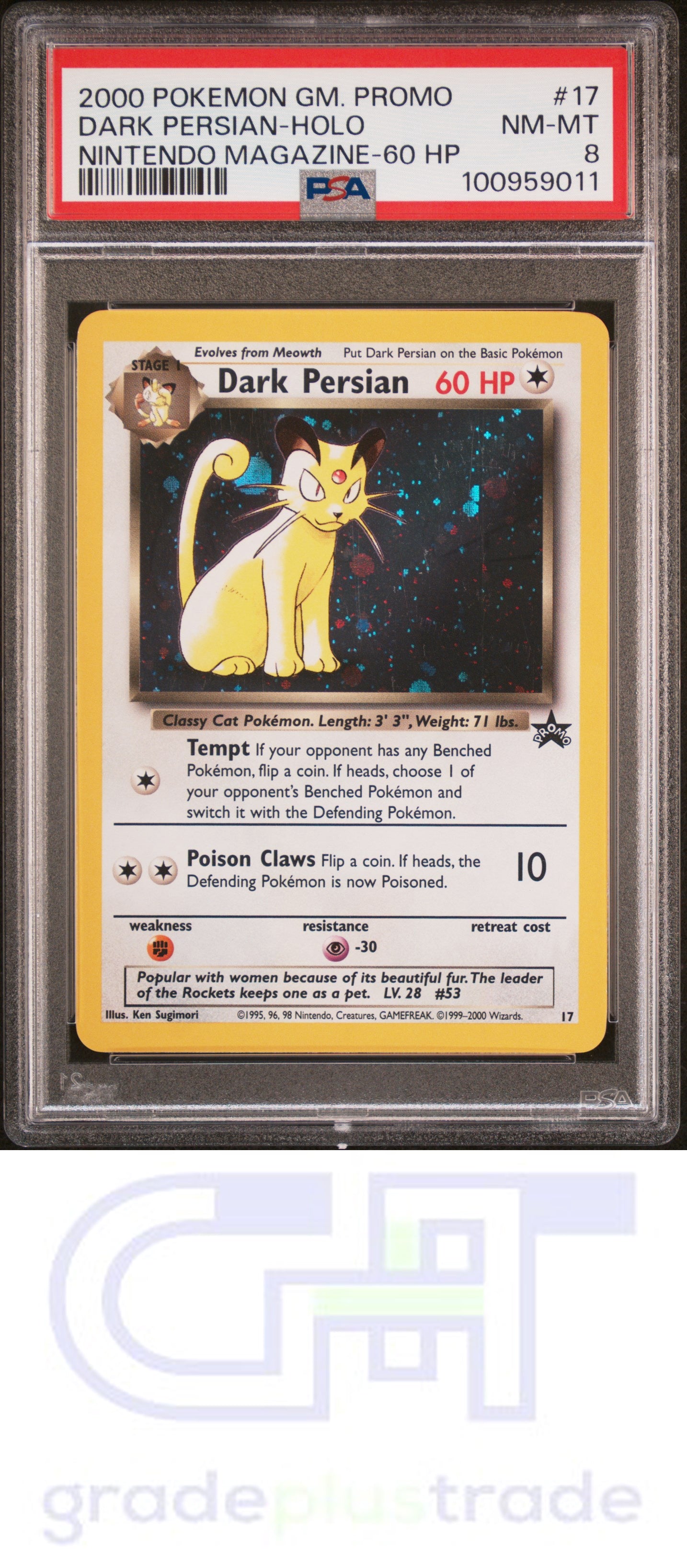 2000 Pokemon Game Promo #17 Nintendo Magazine-60 Hp Dark Persian-Holo PSA 8