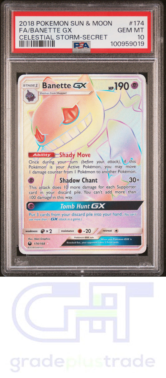 2018 Pokemon Sun & Moon Celestial Storm #174 Secret Fa/Banette Gx PSA 10